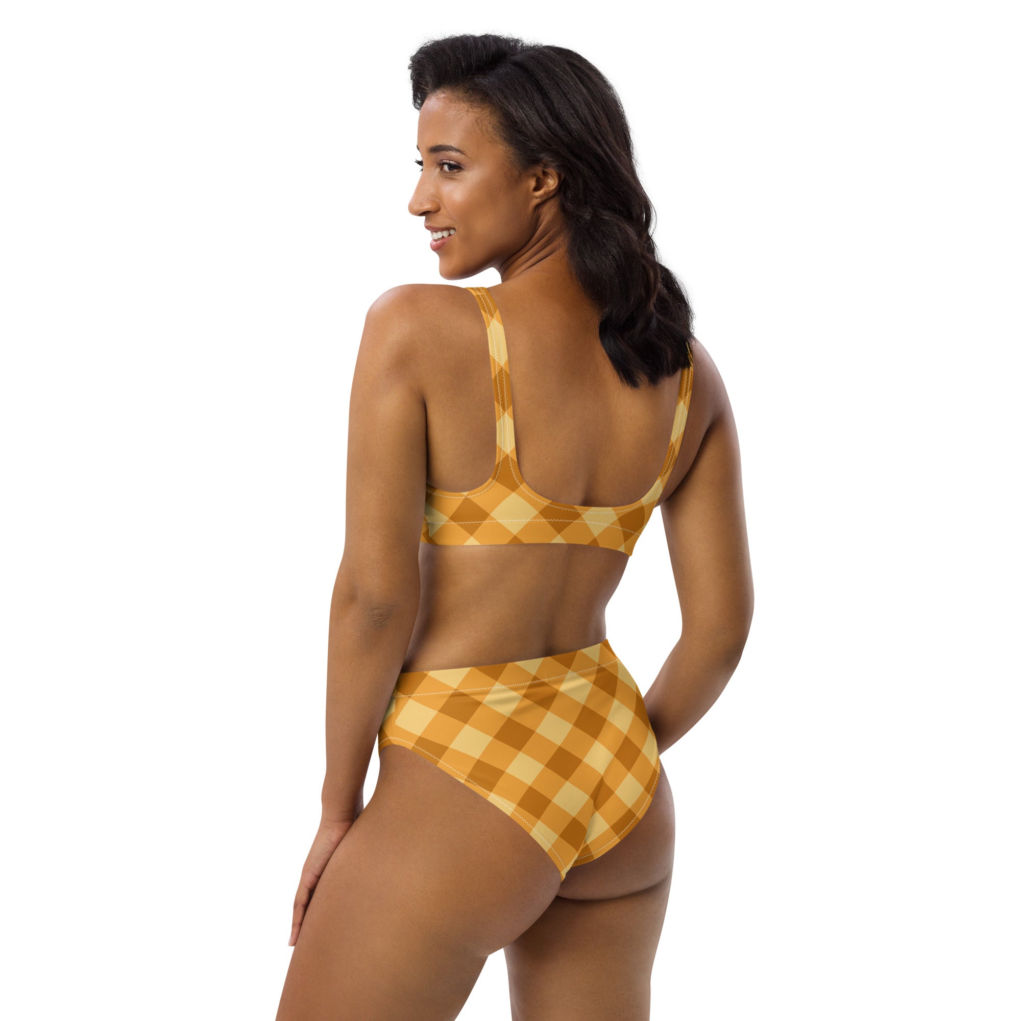 Women's Golden Gingham Recycled Bikini - Removable Padding, Buttery Soft Quick-Drying UPF 50+ Fabric