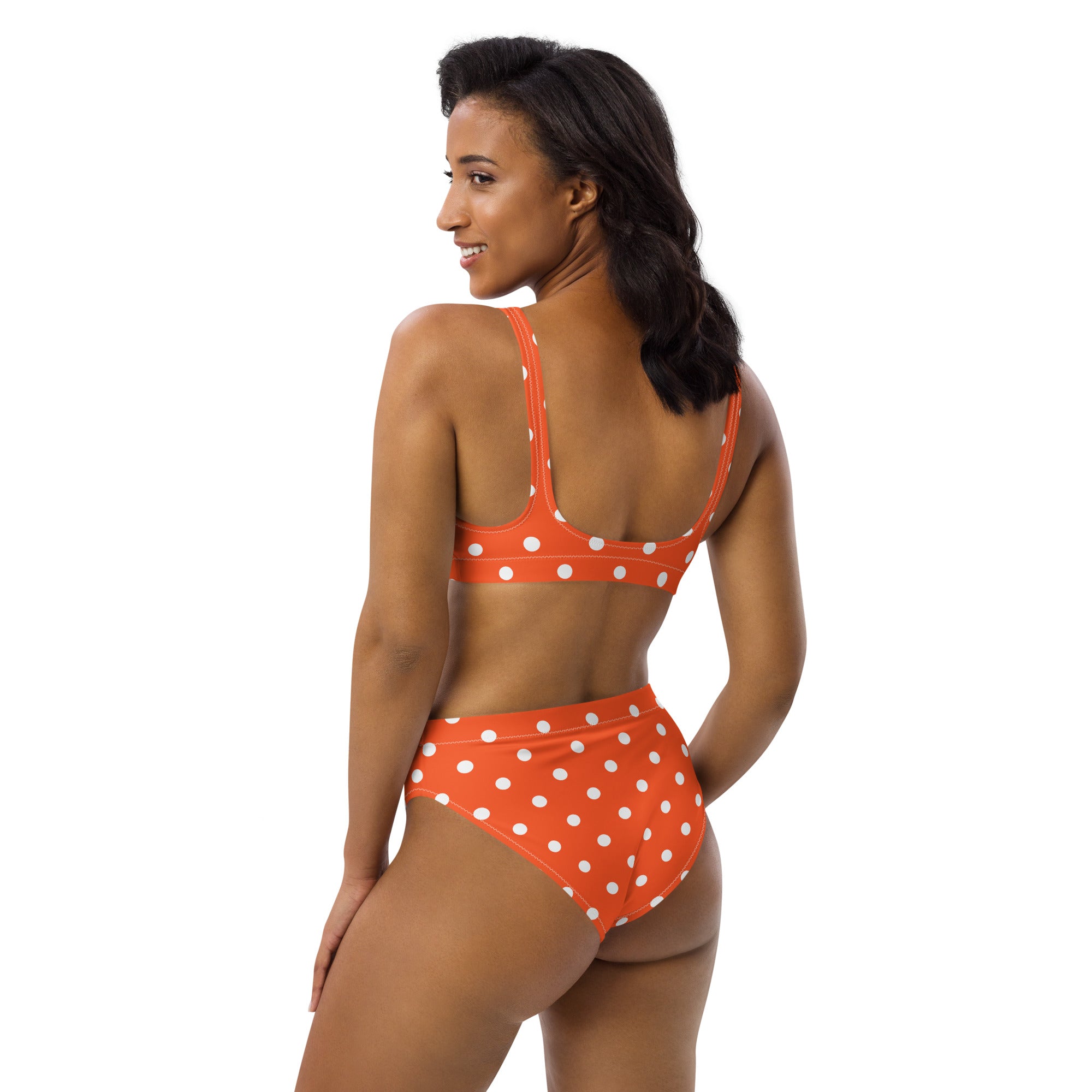 Women's Bright Orange Polka Dot Recycled Bikini - Removable Padding, Buttery Soft Quick-Drying UPF 50+ Fabric
