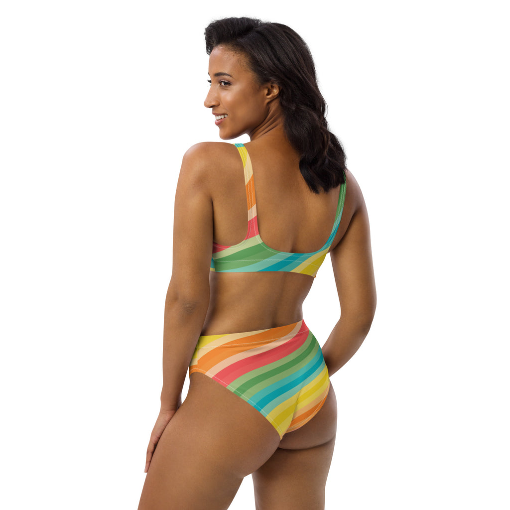 Women's Retro Striped Rainbow Recycled Bikini - Removable Padding, Buttery Soft Quick-Drying UPF 50+ Fabric