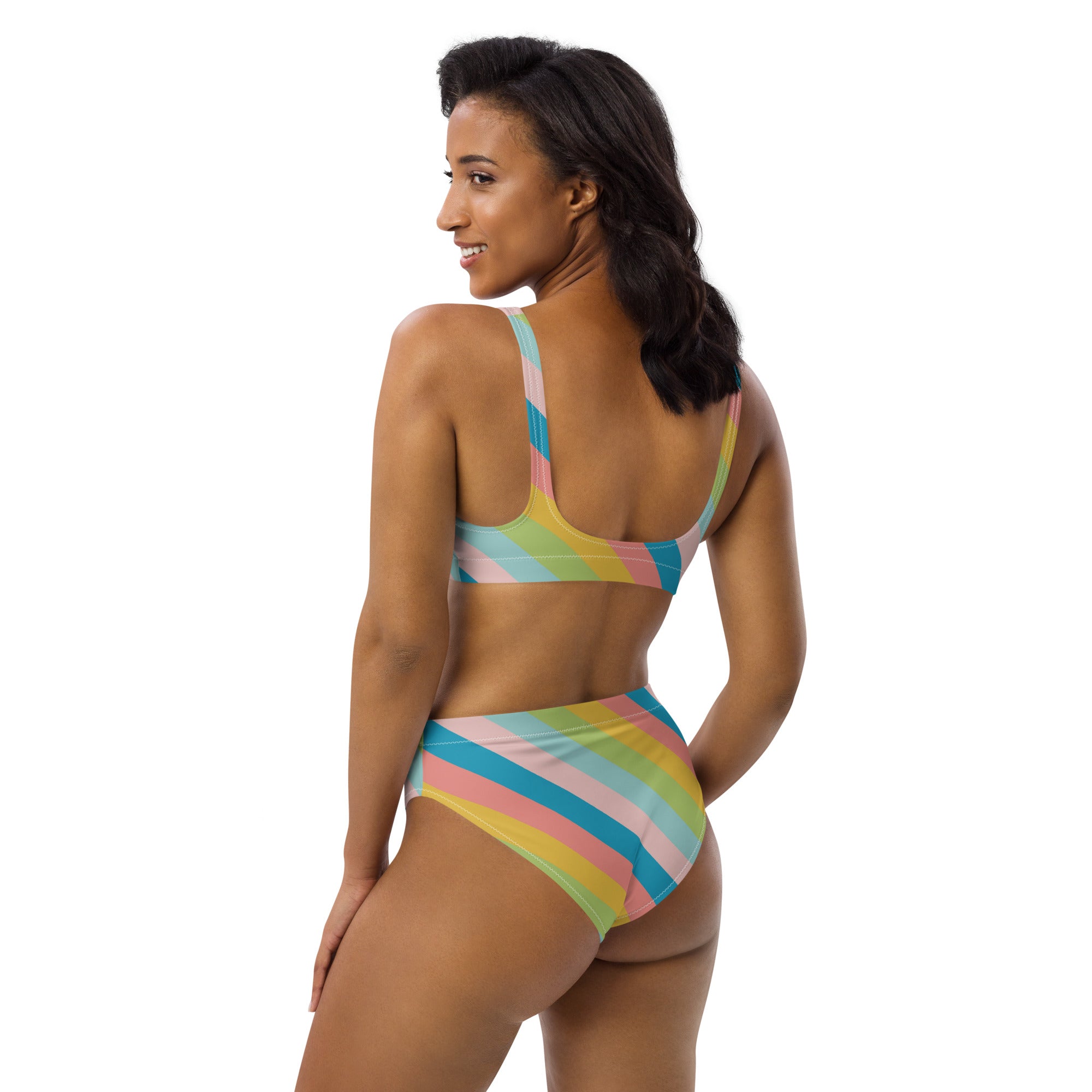 Women's Colorful Retro Striped Recycled Bikini - Removable Padding, Buttery Soft Quick-Drying UPF 50+ Fabric