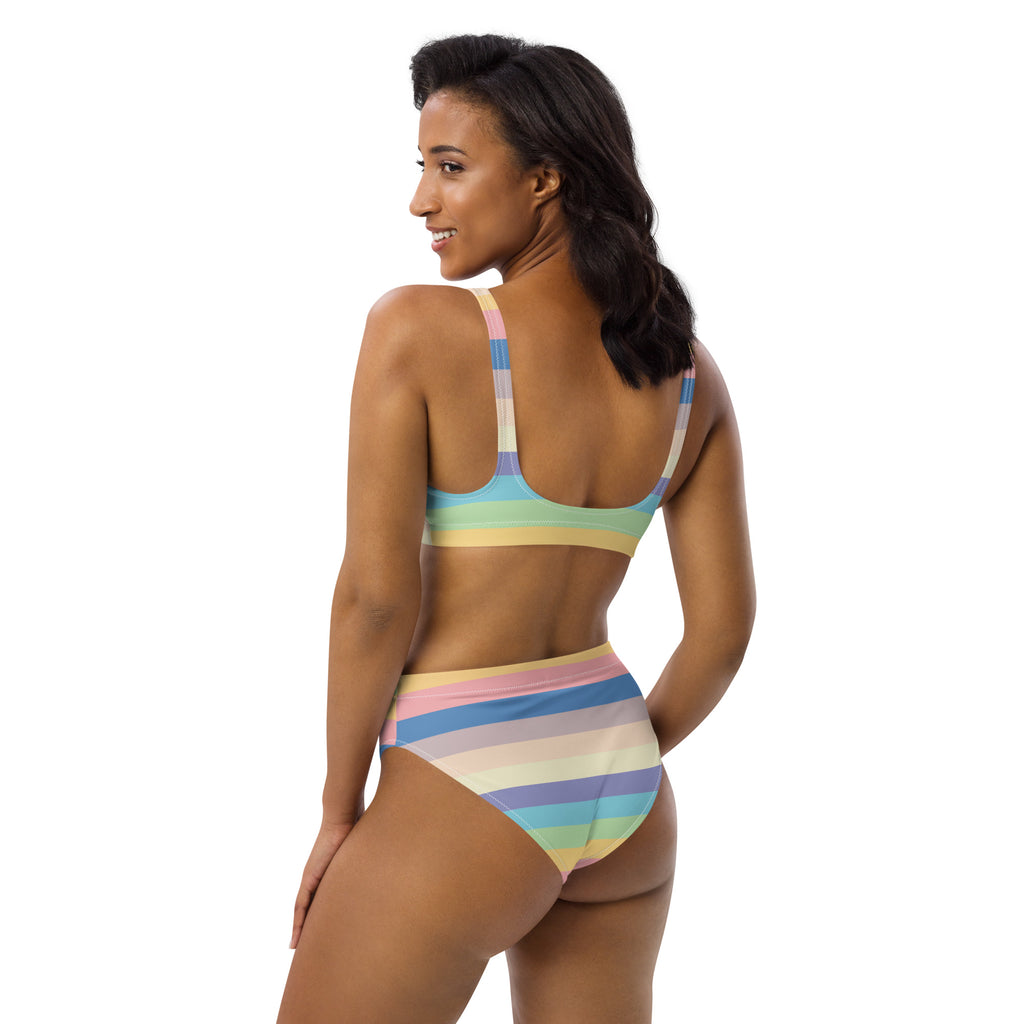 Women's Pastel Beach Rainbow Stripe Recycled Bikini - Removable Padding, Buttery Soft Quick-Drying UPF 50+ Fabric