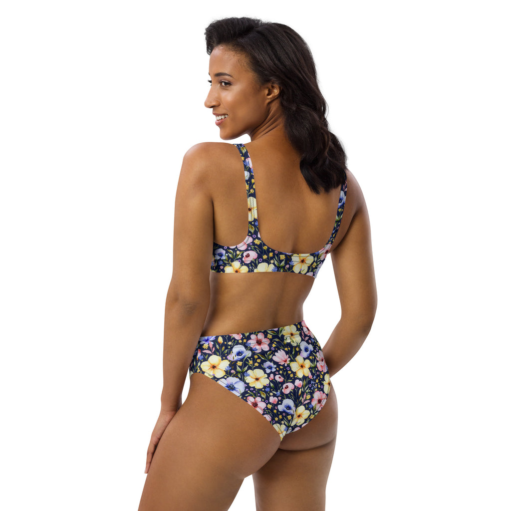 Women's Navy Watercolor Floral Recycled Bikini - Removable Padding, Buttery Soft Quick-Drying UPF 50+ Fabric