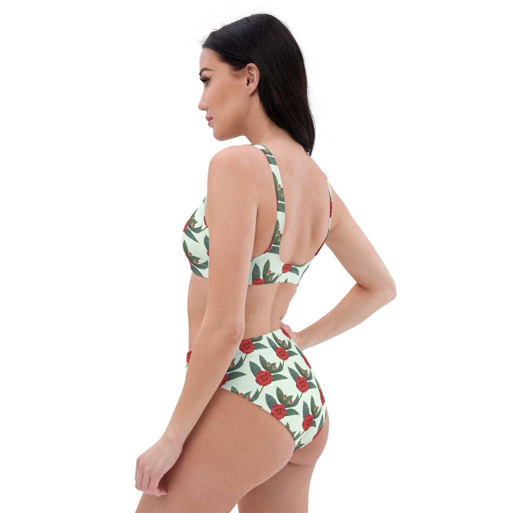 Women's Mint Red Rose Recycled Bikini - Removable Padding, Buttery Soft Quick-Drying UPF 50+ Fabric