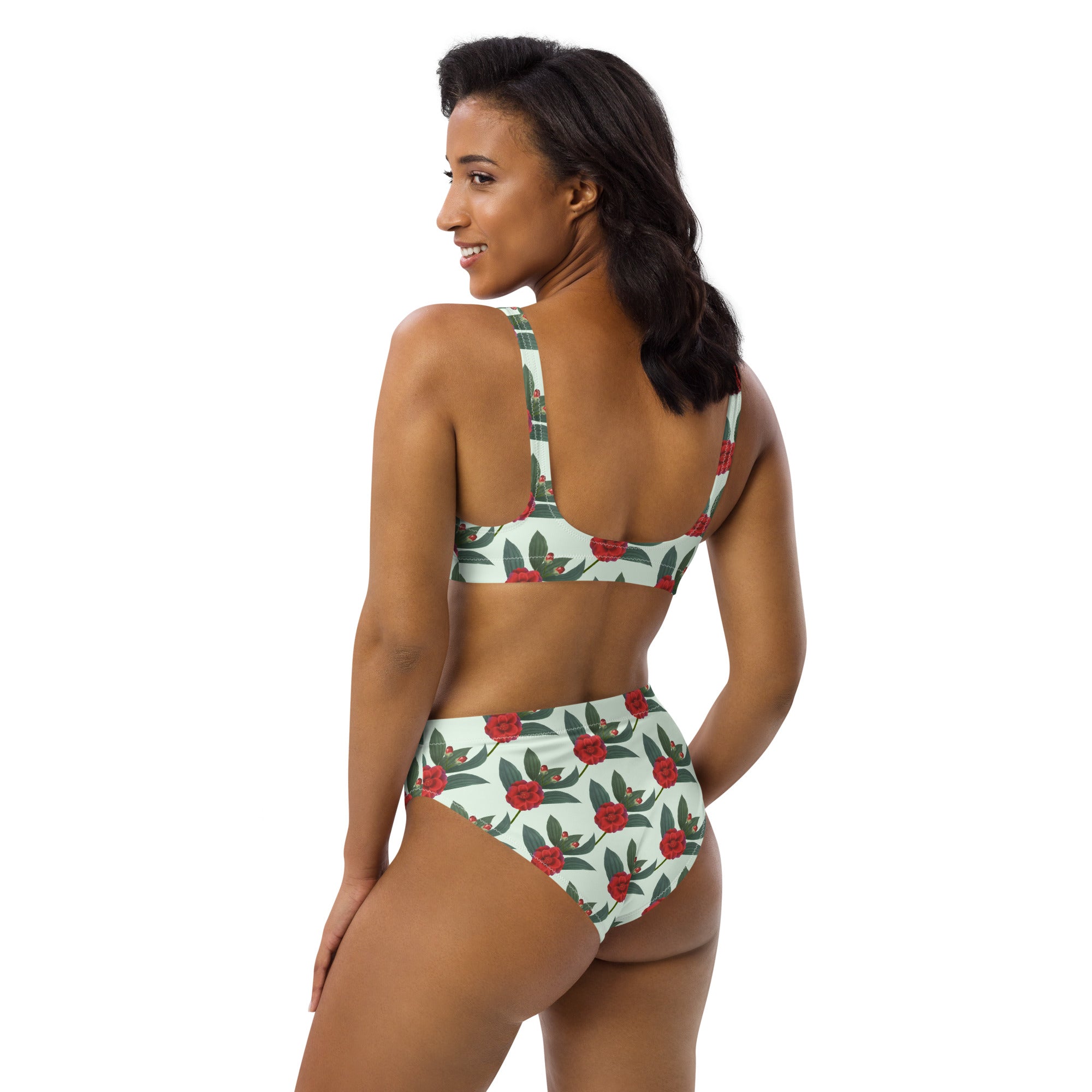 Women's Mint Red Rose Recycled Bikini - Removable Padding, Buttery Soft Quick-Drying UPF 50+ Fabric