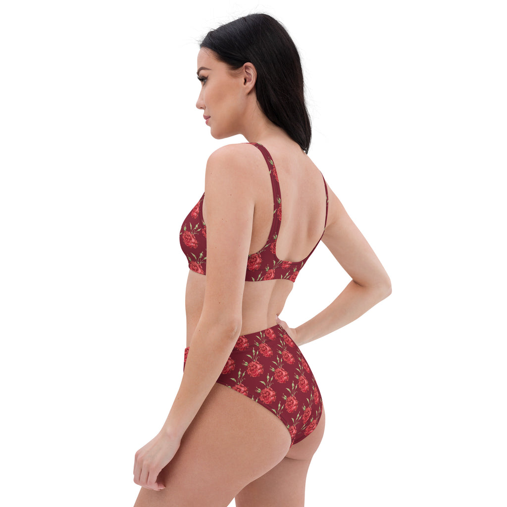 Women's Burgundy Red Rose Recycled Bikini - Removable Padding, Buttery Soft Quick-Drying UPF 50+ Fabric