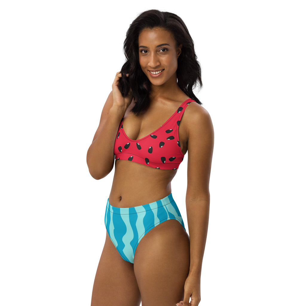 Women’s watermelon padded recycled bikini in vibrant pink and teal stripes with quick drying fabric and upf 50+ protection