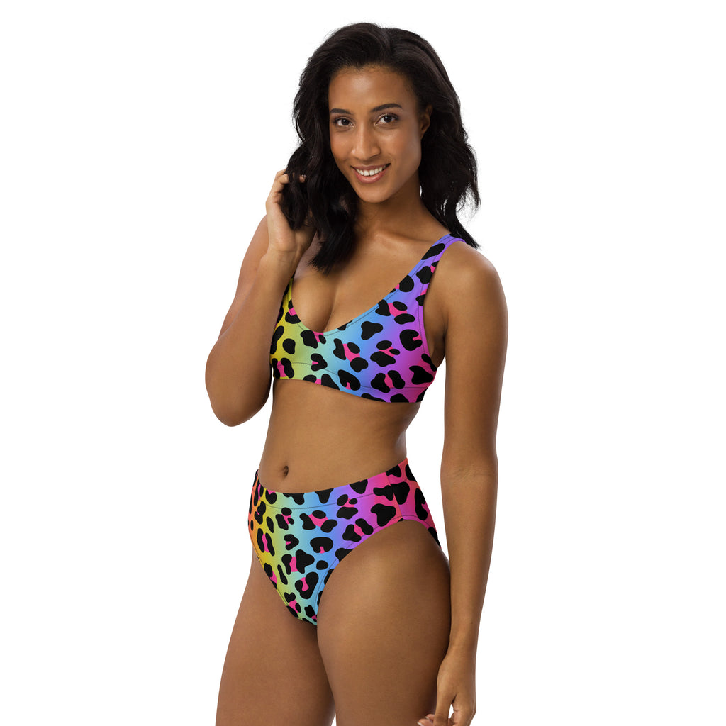 Women's Rainbow Leopard Padded Recycled Bikini - Quick Drying Fabric With UPF 50+