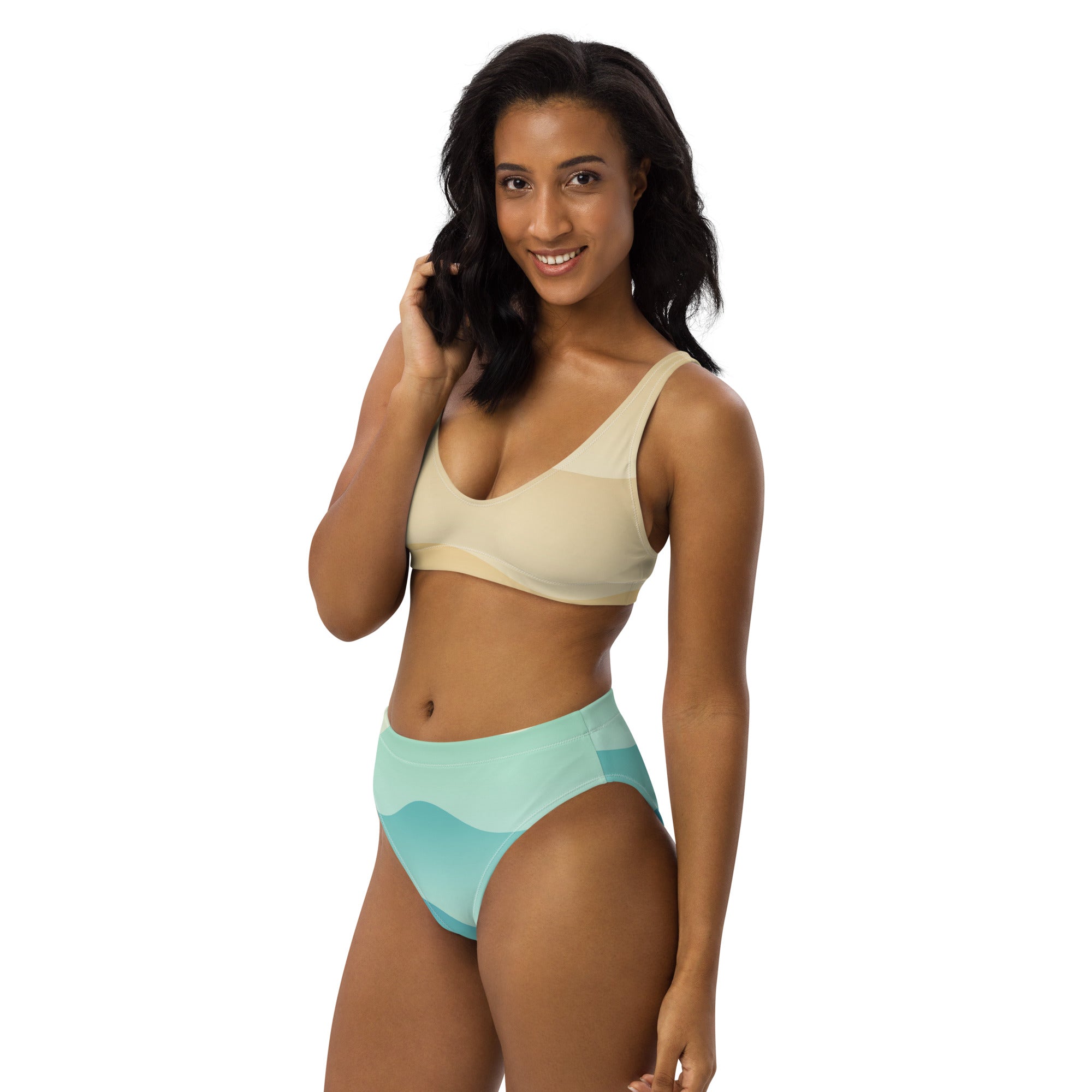 Women's Cream & Aqua Wavy Padded Recycled Bikini - Quick Drying Fabric With UPF 50+