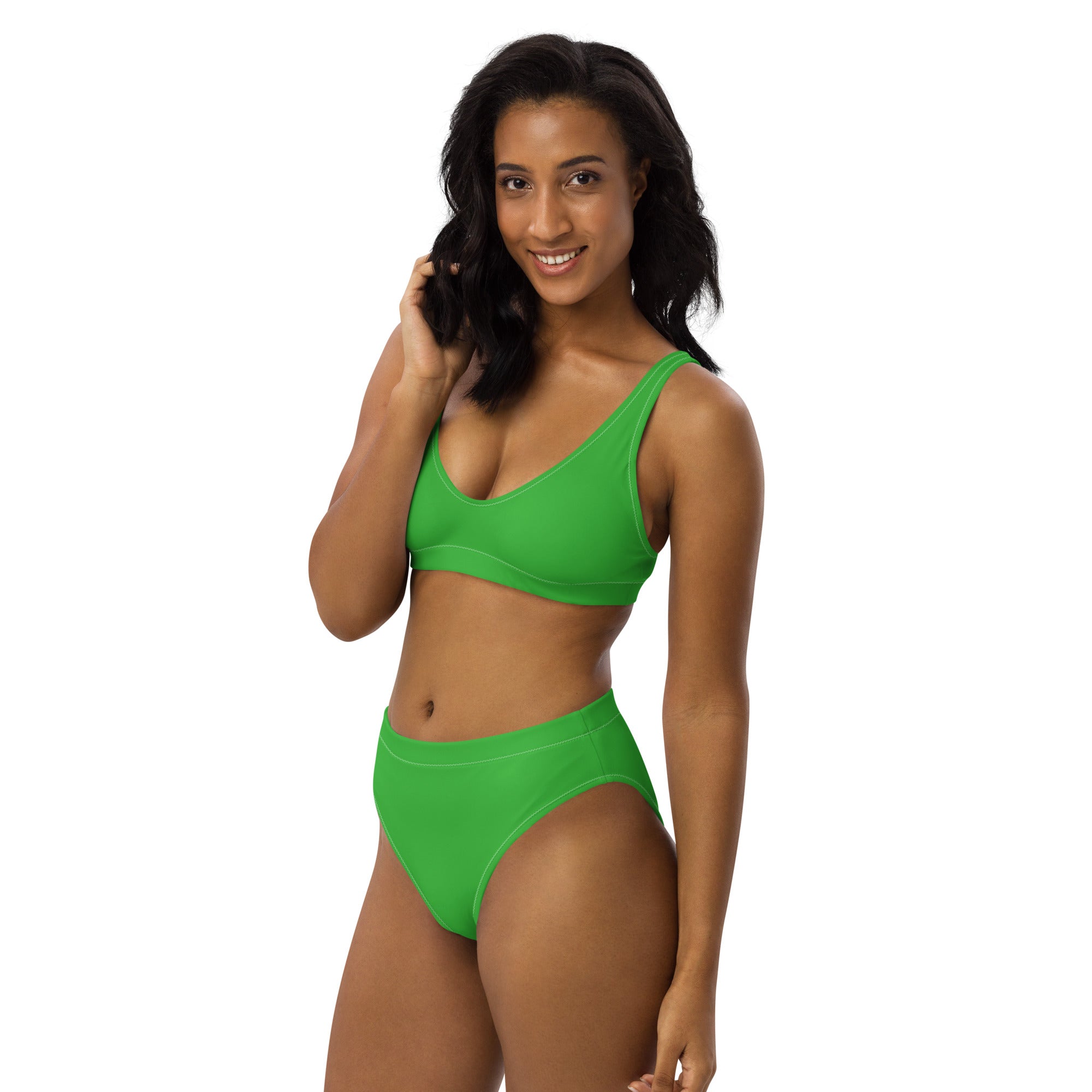 Bright green two-piece padded recycled bikini with supportive bra top and high-waisted briefs quick drying fabric upf 50+