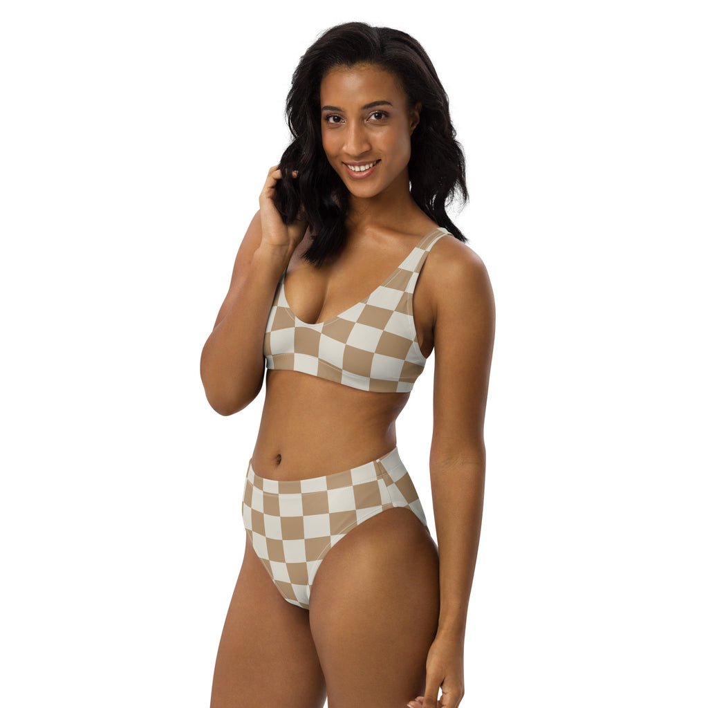 Women's Beige Checkerboard Padded Recycled Bikini - Quick Drying Fabric With UPF 50+