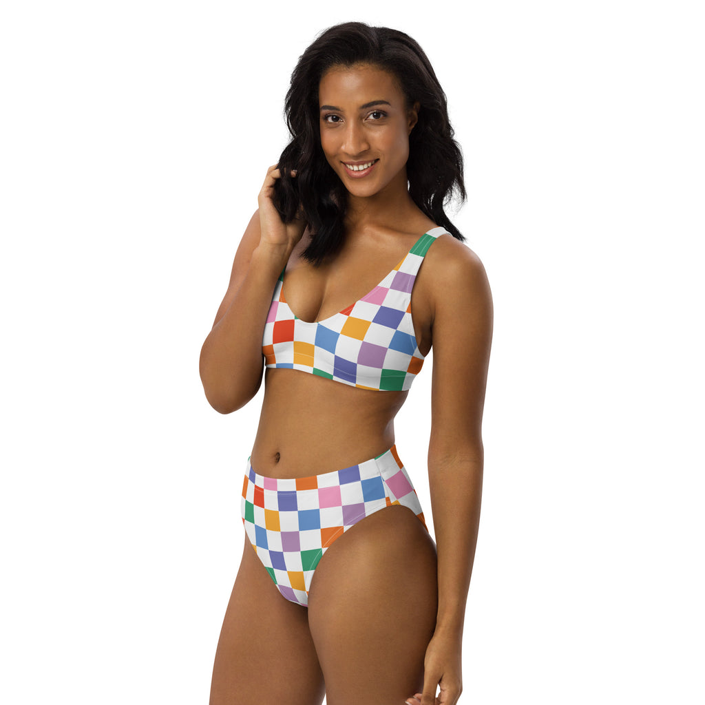 Women's Colorful Checkerboard Padded Recycled Bikini - Quick Drying Fabric With UPF 50+