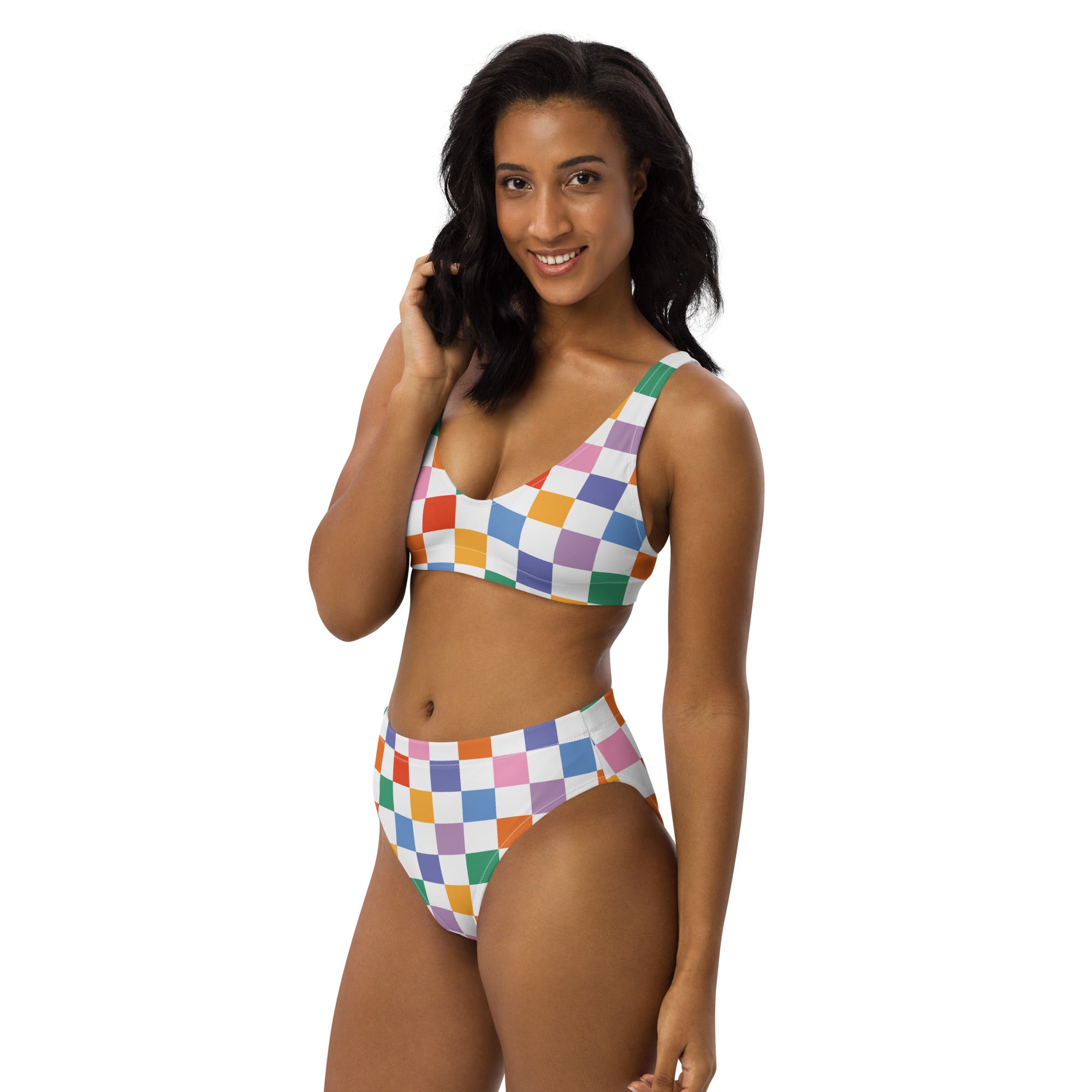 Women's Colorful Checkerboard Padded Recycled Bikini - Quick Drying Fabric With UPF 50+