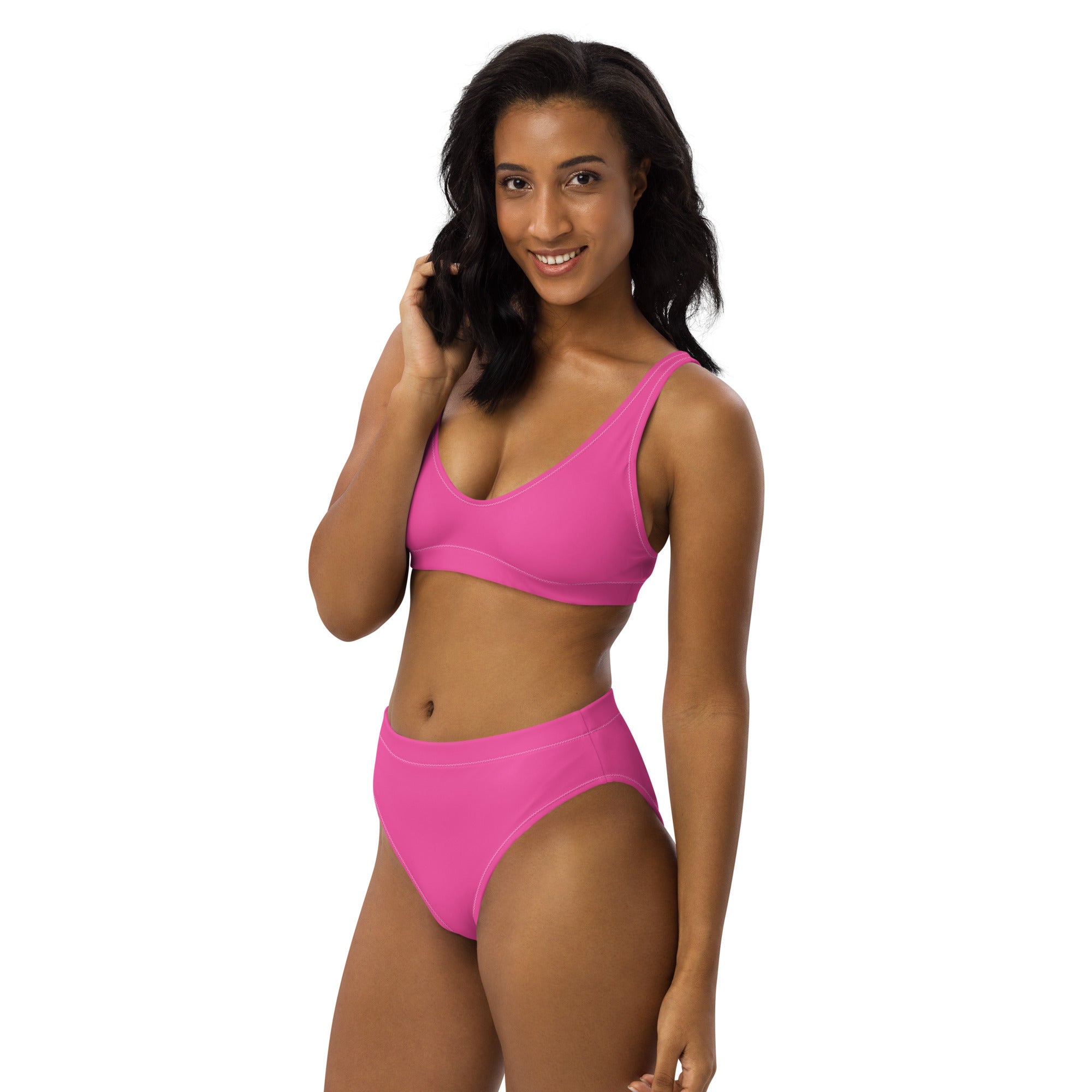 Bright pink women’s two-piece padded recycled bikini with supportive bra top high-waisted bottoms quick drying fabric upf 50+