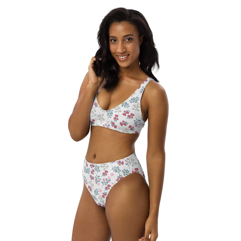 Women’s white vintage floral two-piece bikini set with padded recycled fabric quick drying and upf 50 plus