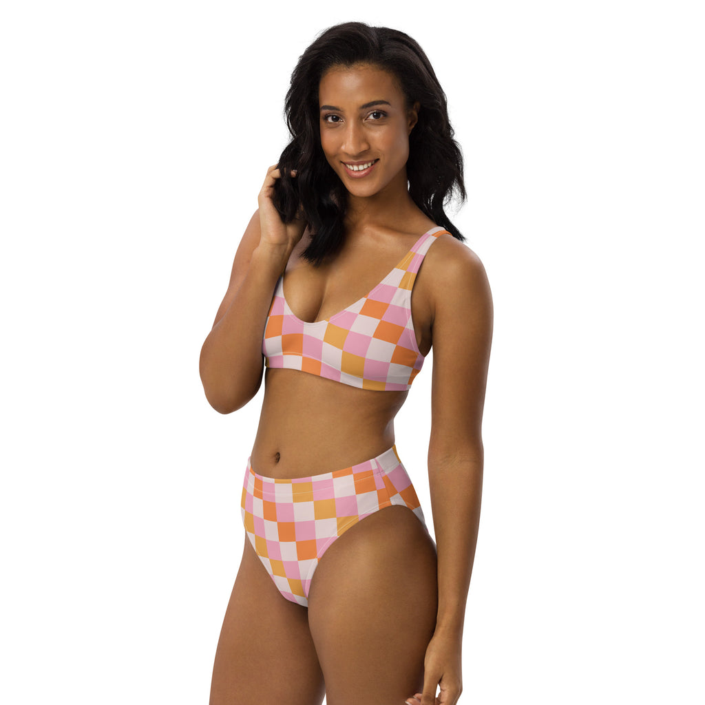 Women's Pastel Pink & Orange Checkerboard Padded Recycled Bikini - Quick Drying Fabric With UPF 50+