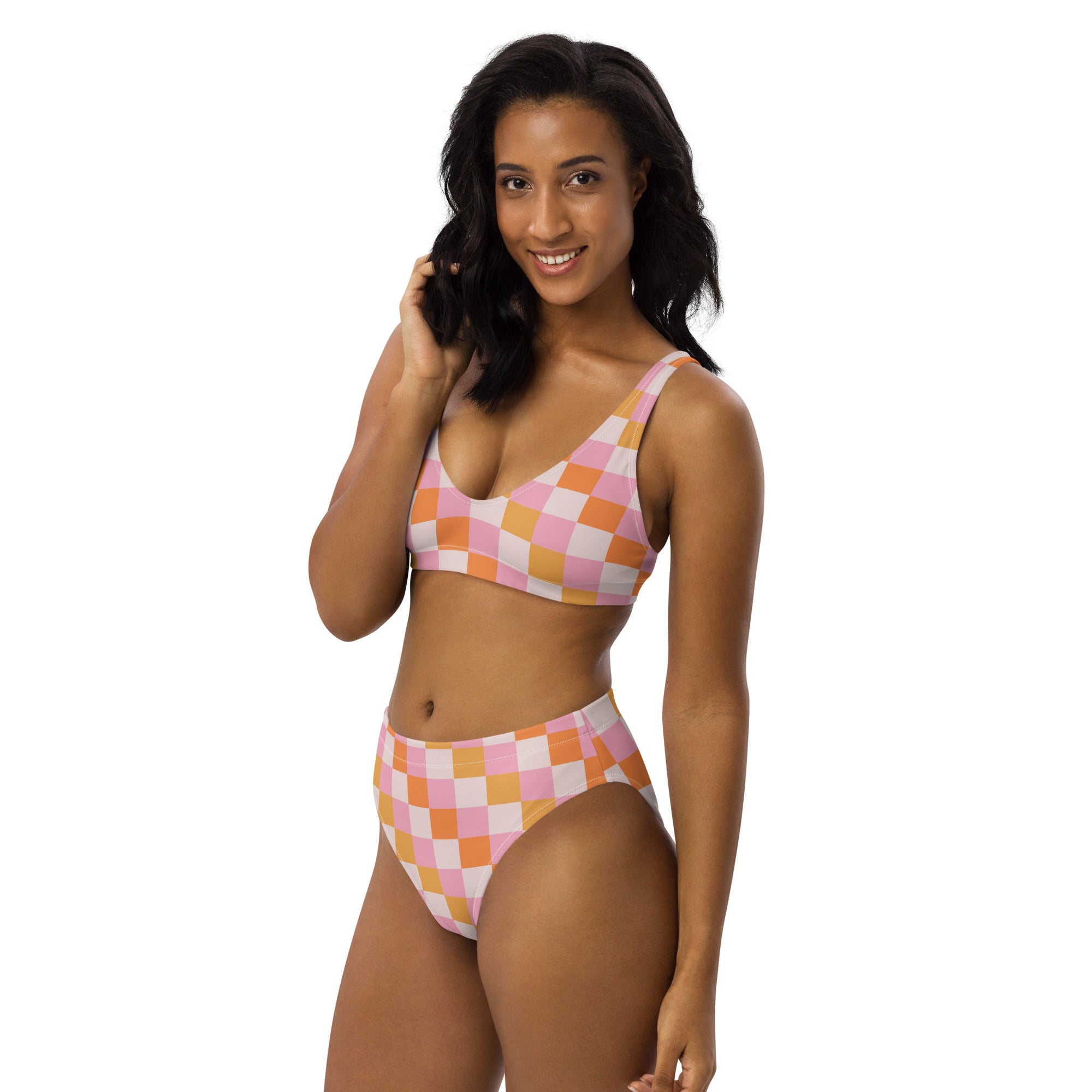Women's Pastel Pink & Orange Checkerboard Padded Recycled Bikini - Quick Drying Fabric With UPF 50+