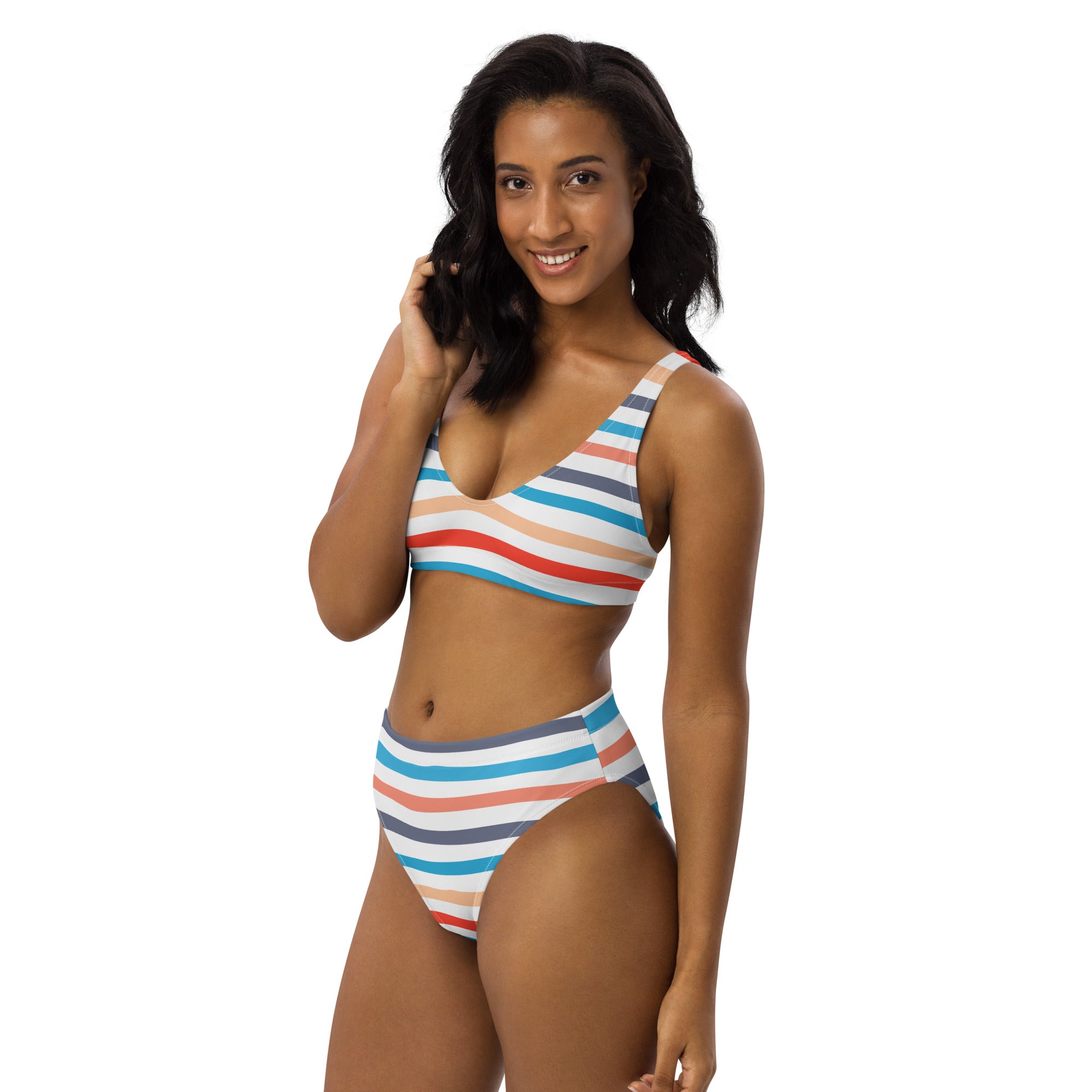 A vibrant women’s retro striped padded recycled bikini set with red blue beige and gray stripes on white quick drying fabric with UPF 50+