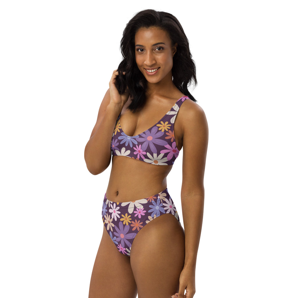 Women's Purple Retro Floral Padded Recycled Bikini - Quick Drying Fabric With UPF 50+