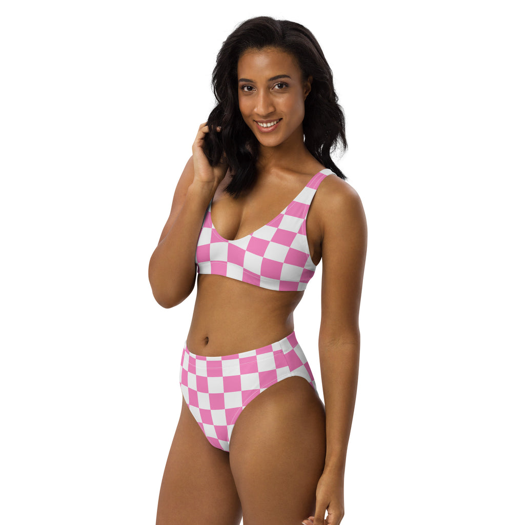 Women's Pink Checkerboard Padded Recycled Bikini - Quick Drying Fabric With UPF 50+