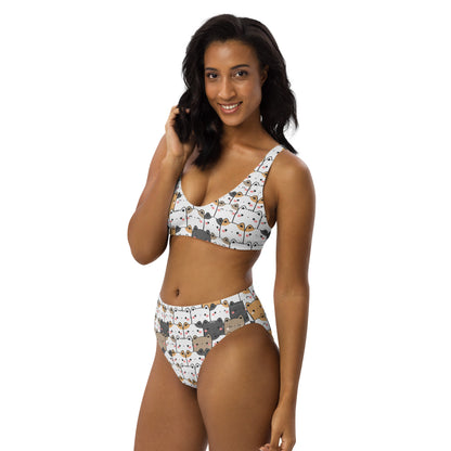 Women's Kawaii Cat Face Padded Recycled Bikini - Quick Drying Fabric With UPF 50+