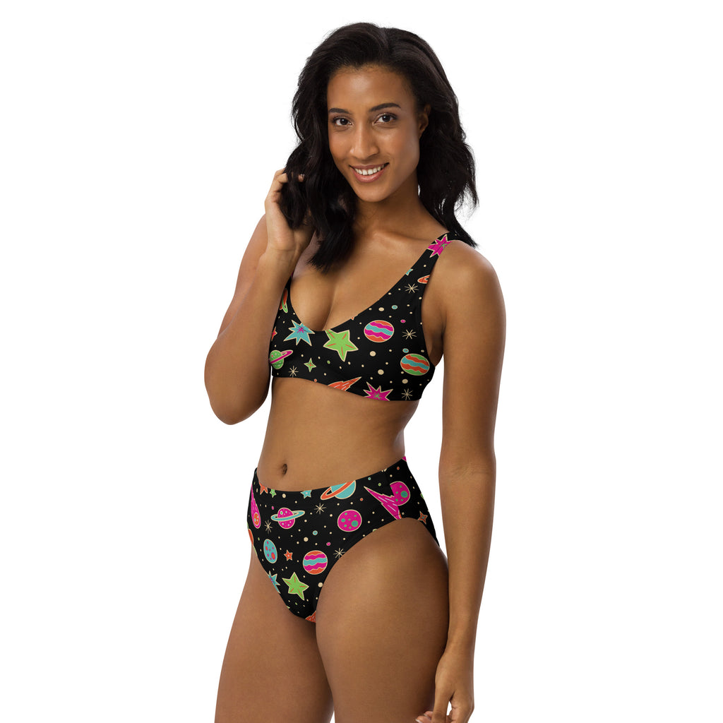 Women’s black two-piece padded recycled bikini with neon space print and quick drying fabric with upf 50 plus