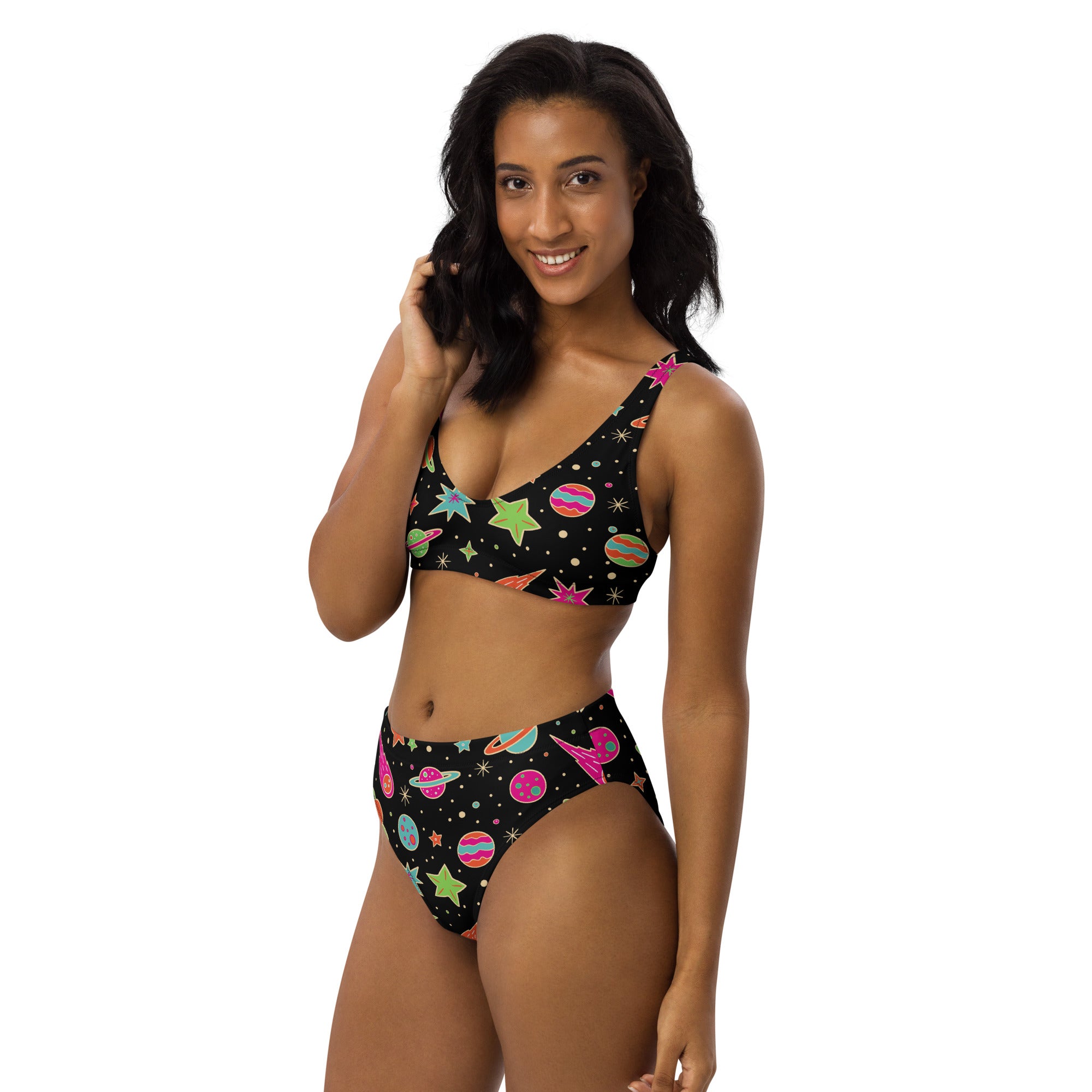 Women’s black two-piece padded recycled bikini with neon space print and quick drying fabric with upf 50 plus