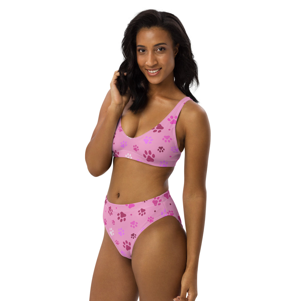 Women's Pink Paw Prints Padded Recycled Bikini - Quick Drying Fabric With UPF 50+