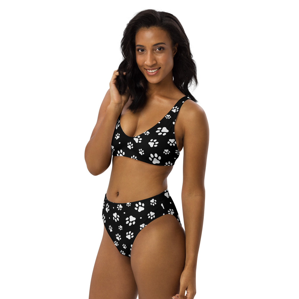 Women's Black & White Paw Print Padded Recycled Bikini - Quick Drying Fabric With UPF 50+
