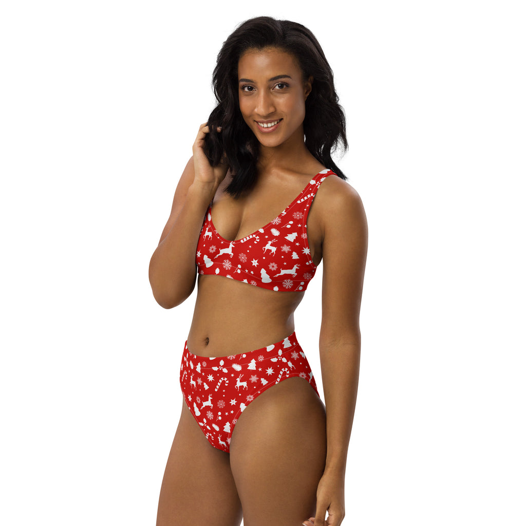 Women’s red christmas recycled two-piece bikini with white reindeer snowflakes candy canes print quick drying fabric upf 50+