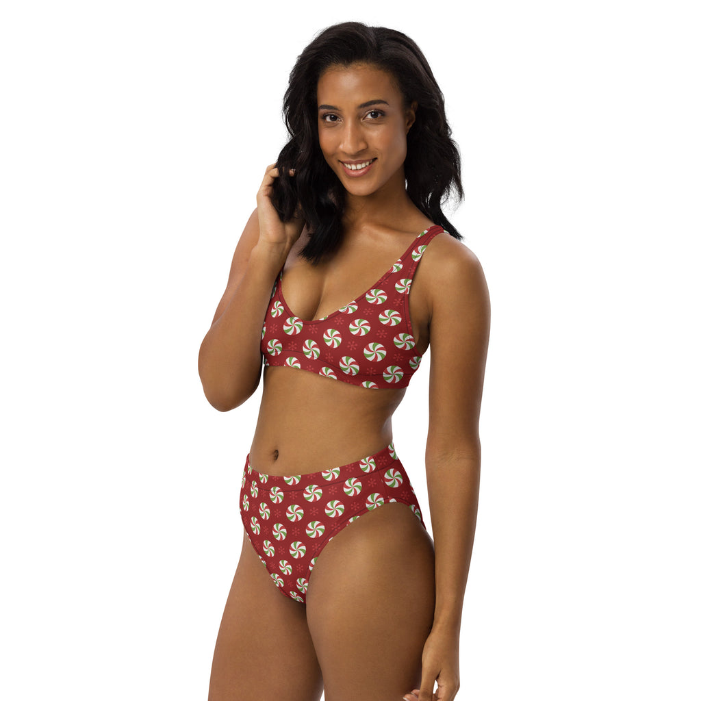 Women’s red and white peppermint swirl two-piece bikini set made from recycled quick-drying fabric with upf 50+
