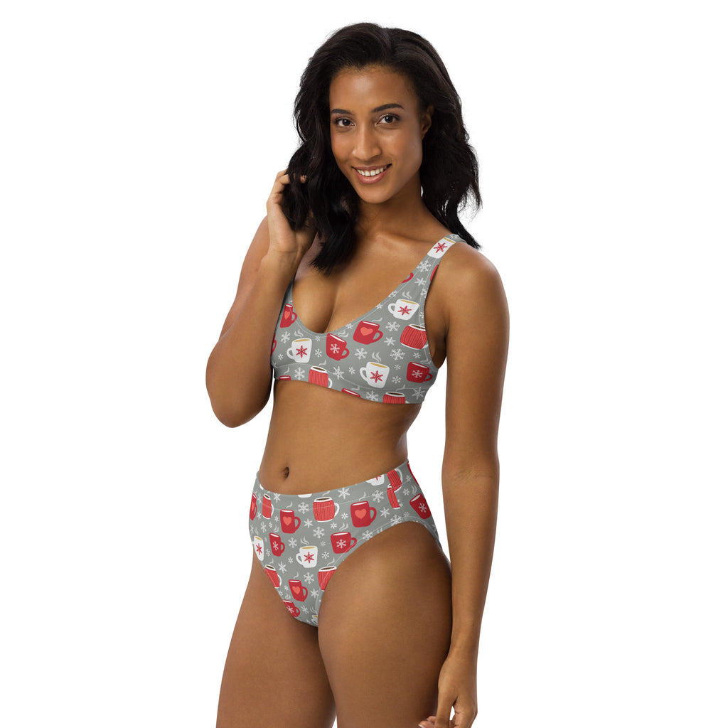 Gray two-piece women’s hot cocoa christmas recycled bikini with red and white coffee mug pattern and upf 50+ quick drying fabric
