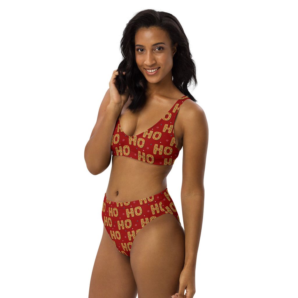 Women’s red two-piece recycled bikini with ho ho gold foil print quick drying fabric and upf 50 plus protection