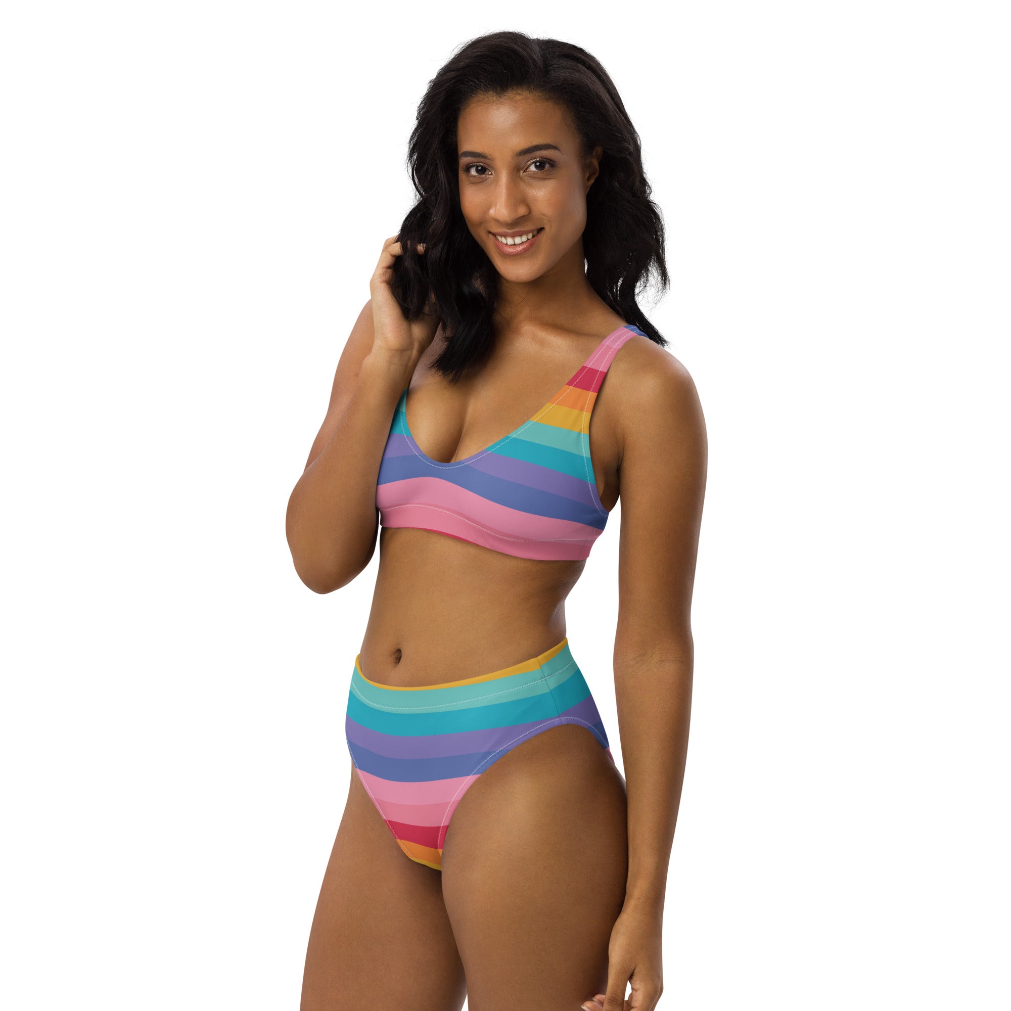 Women's Bright Striped Rainbow Recycled Bikini - Removable Padding, Buttery Soft Quick-Drying UPF 50+ Fabric