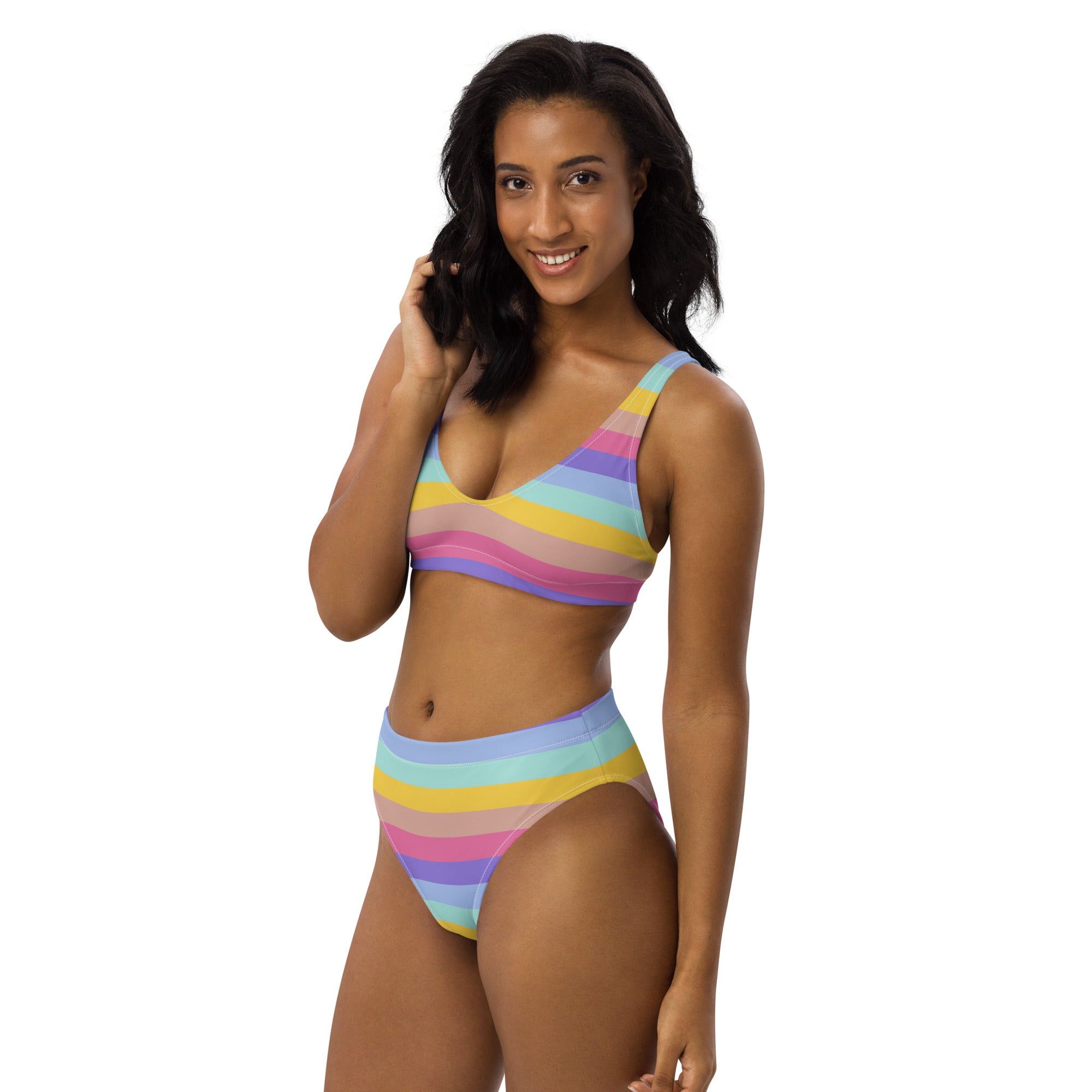 Women's Pastel Rainbow Stripe Recycled Bikini - Removable Padding, Buttery Soft Quick-Drying UPF 50+ Fabric