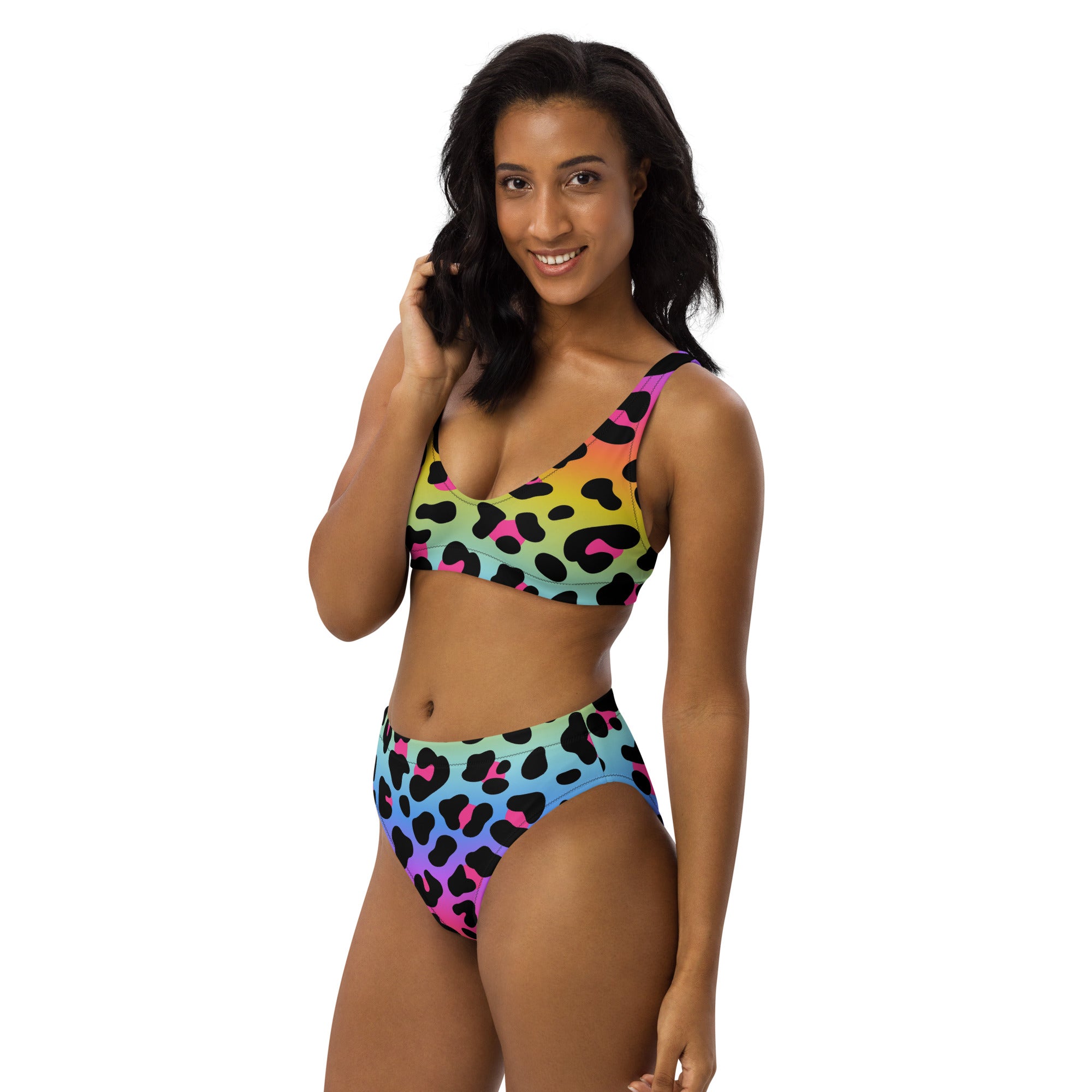 Women's Rainbow Leopard Recycled Bikini - Removable Padding, Buttery Soft Quick-Drying UPF 50+ Fabric