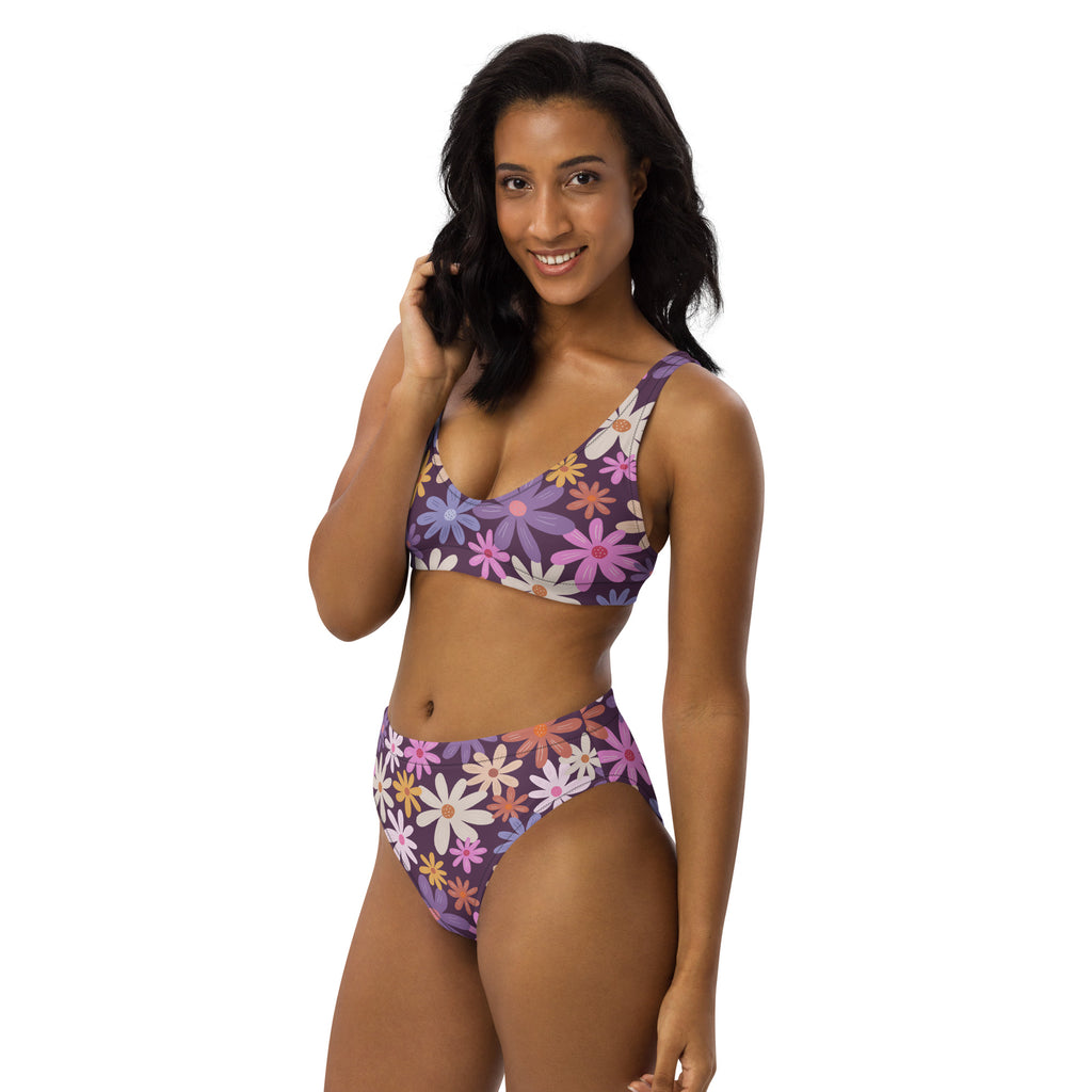 Women's Purple Daisy Floral Recycled Bikini - Removable Padding, Buttery Soft Quick-Drying UPF 50+ Fabric