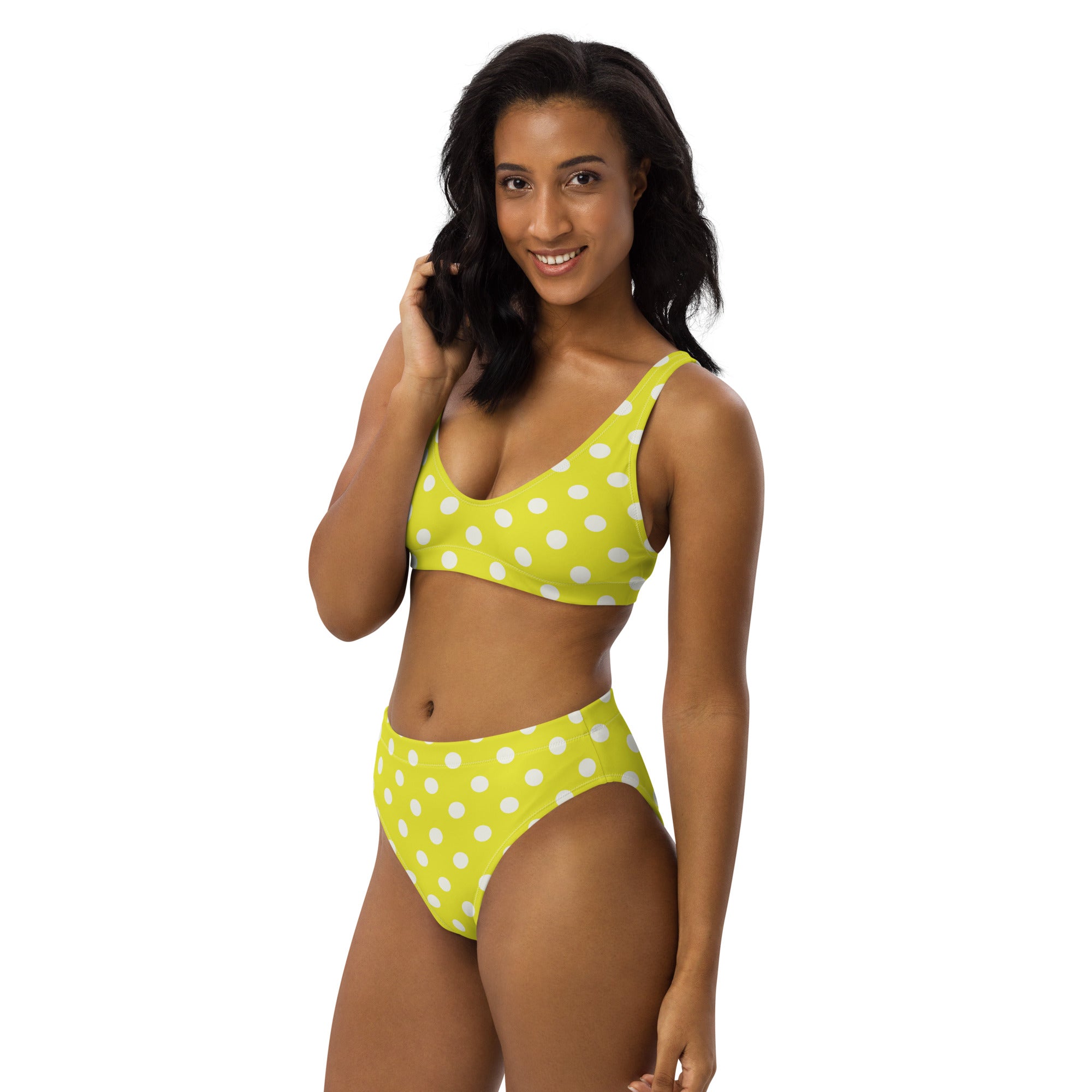 Women's Bright Yellow Polka Dot Recycled Bikini - Removable Padding, Buttery Soft Quick-Drying UPF 50+ Fabric