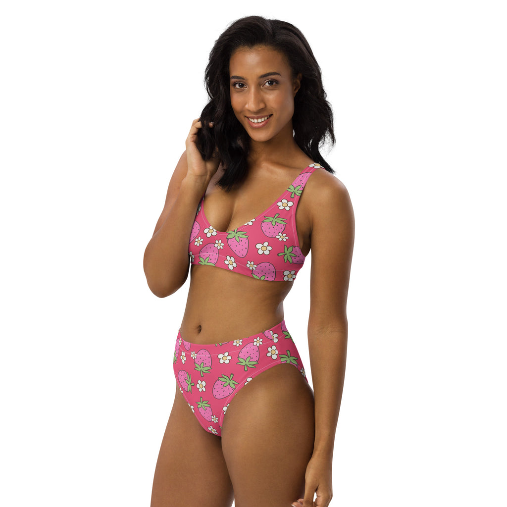 Women's Pink Strawberry Recycled Bikini - Removable Padding, Buttery Soft Quick-Drying UPF 50+ Fabric