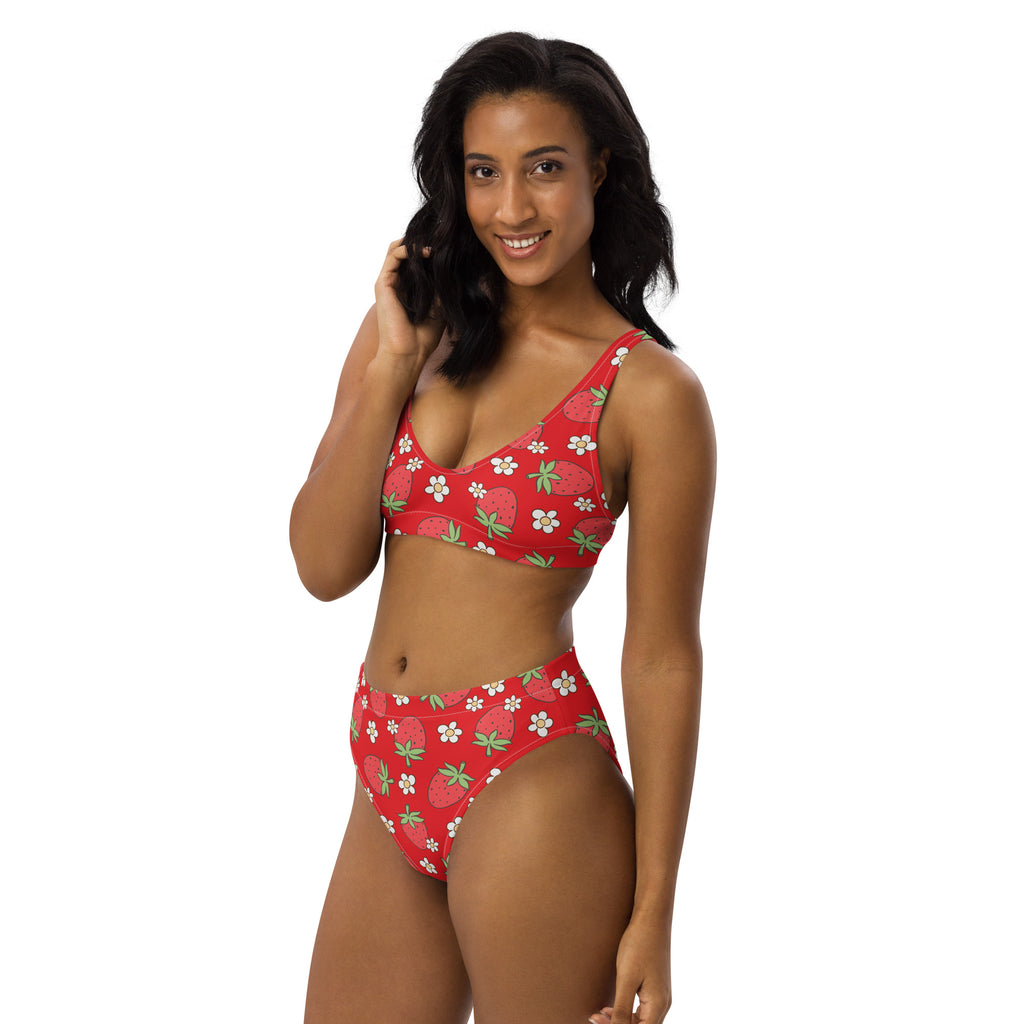 Women's Red Strawberry Recycled Bikini - Removable Padding, Buttery Soft Quick-Drying UPF 50+ Fabric