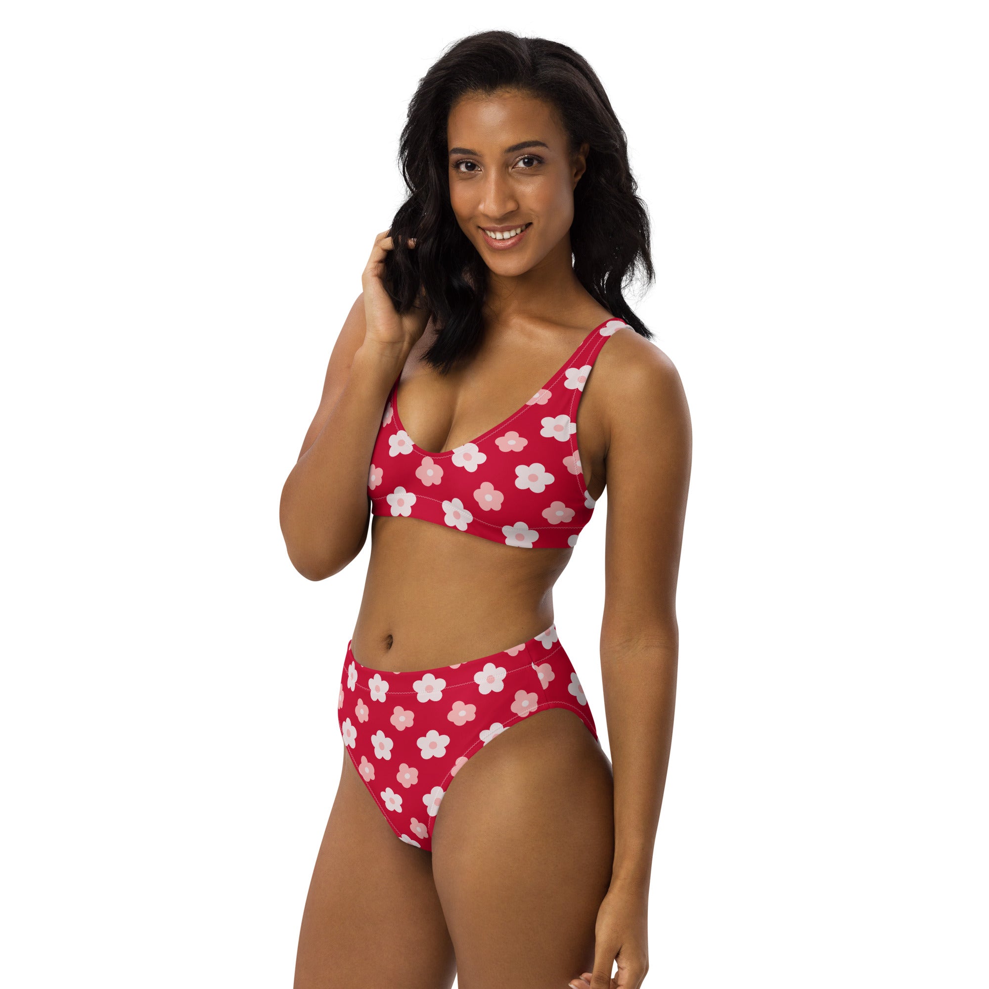Women's Red Daisy Recycled Bikini - Removable Padding, Buttery Soft Quick-Drying UPF 50+ Fabric