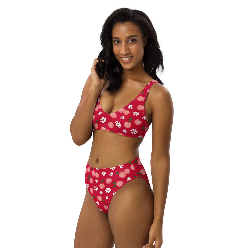 Women's Red Peach Daisy Recycled Bikini - Removable Padding, Buttery Soft Quick-Drying UPF 50+ Fabric