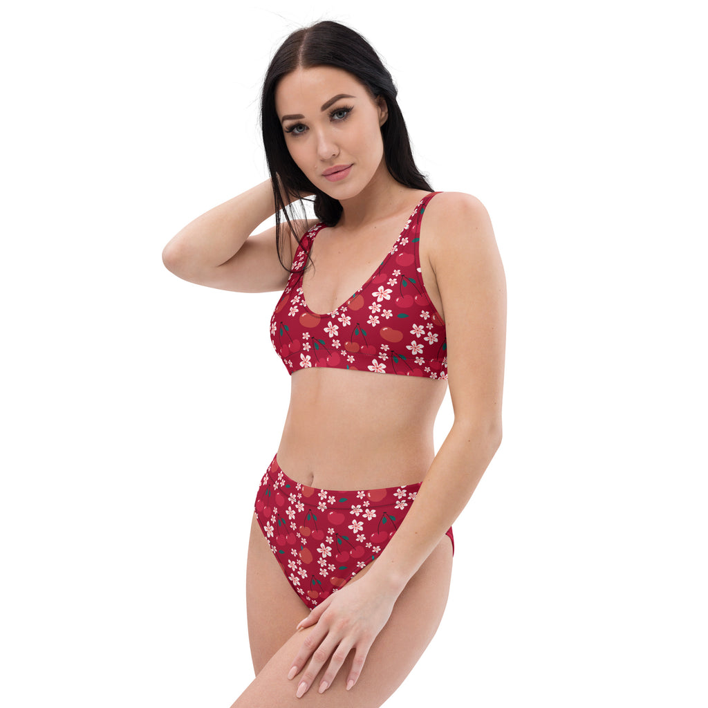 Women's Red Cherry Blossom Recycled Bikini - Removable Padding, Buttery Soft Quick-Drying UPF 50+ Fabric