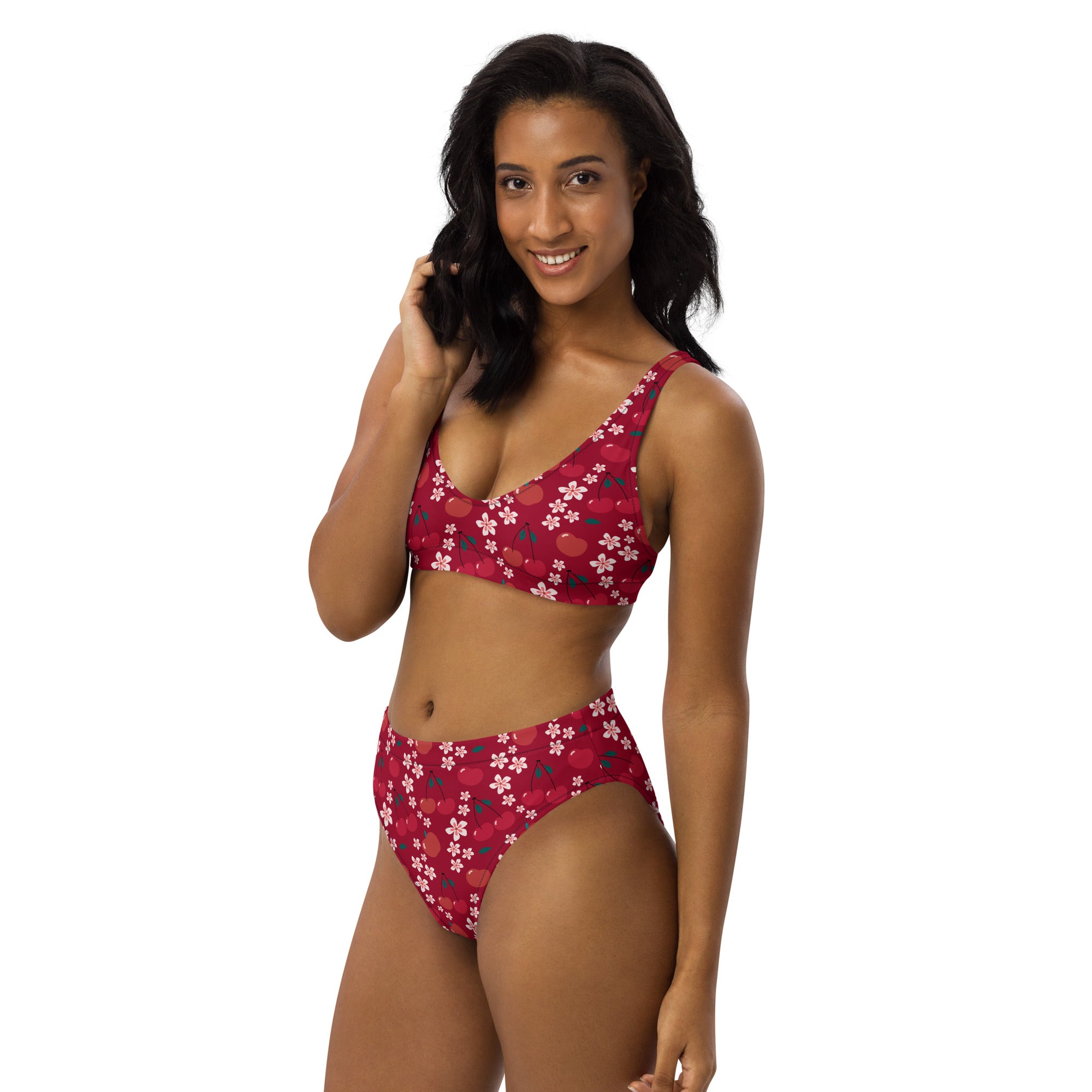 Women's Red Cherry Blossom Recycled Bikini - Removable Padding, Buttery Soft Quick-Drying UPF 50+ Fabric
