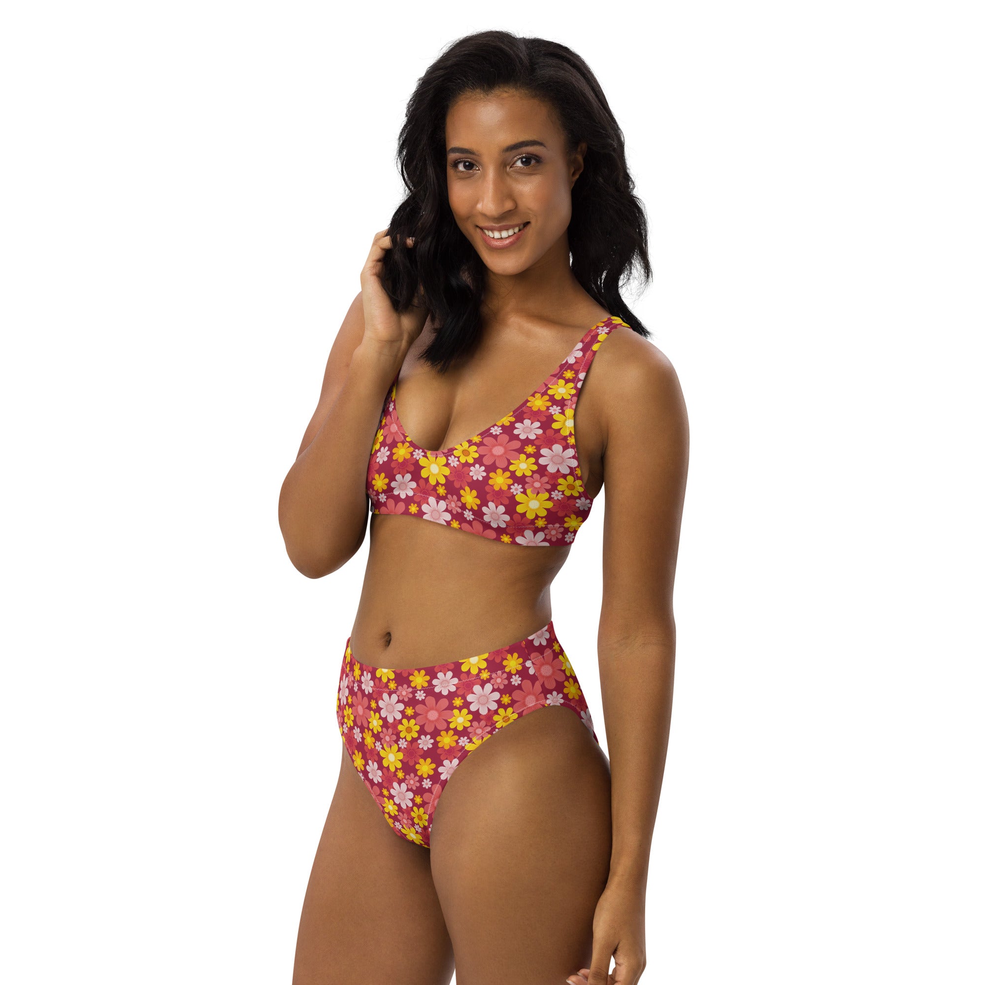 Women's Red Floral Recycled Bikini - Removable Padding, Buttery Soft Quick-Drying UPF 50+ Fabric