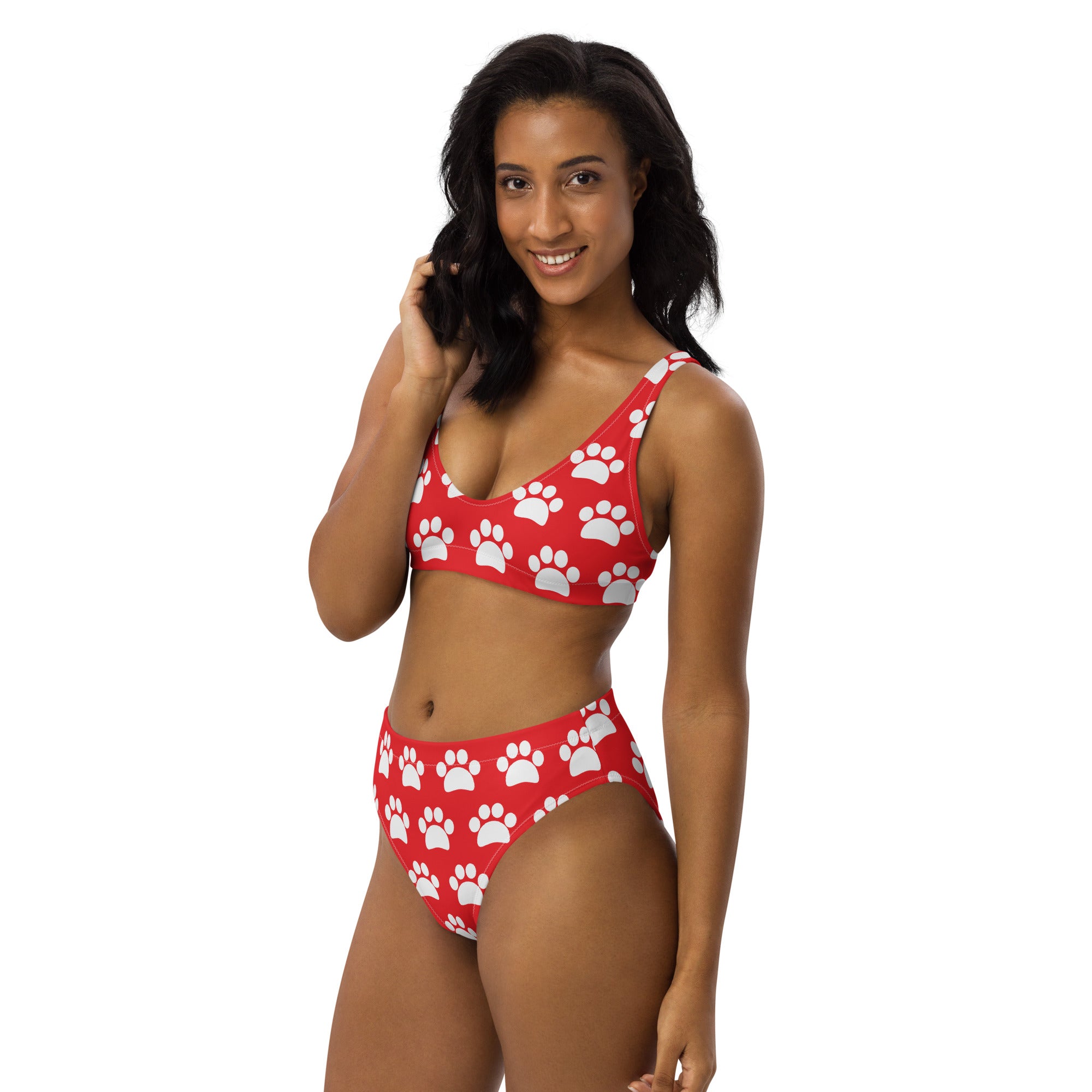 Women's Red Paw Print Recycled Bikini - Removable Padding, Buttery Soft Quick-Drying UPF 50+ Fabric
