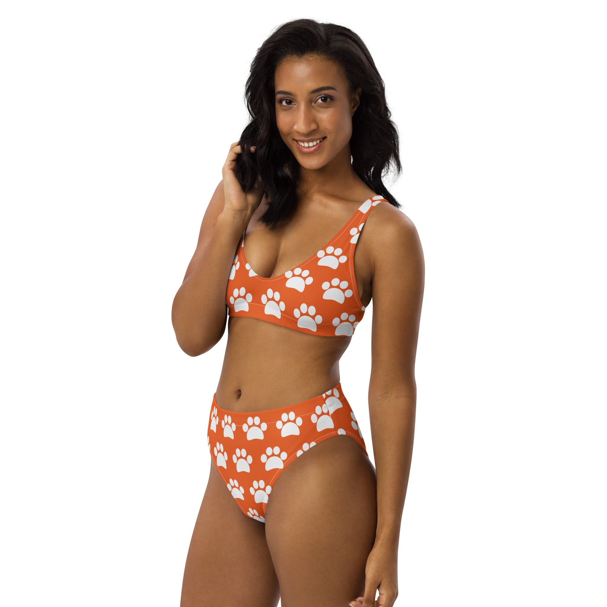 Women's Orange Paw Print Recycled Bikini - Removable Padding, Buttery Soft Quick-Drying UPF 50+ Fabric