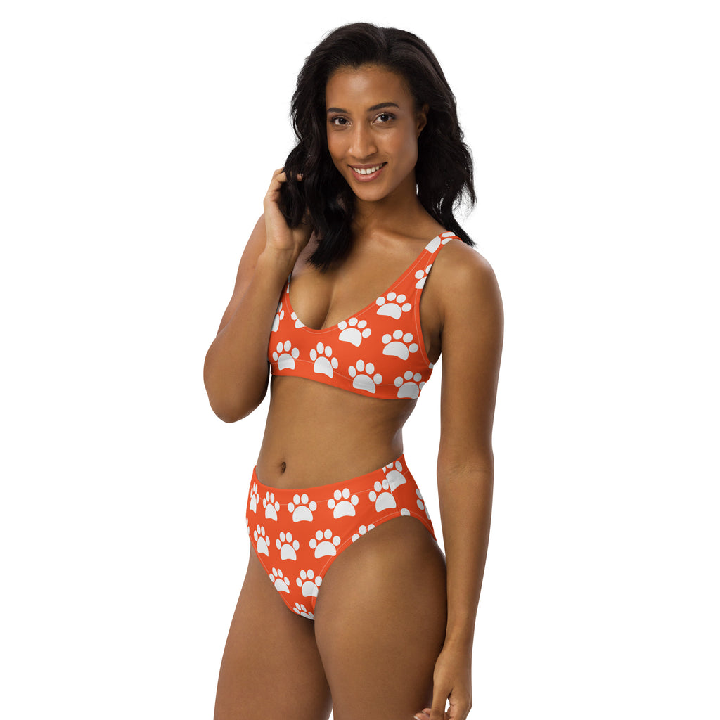 Women's Bright Orange Paw Print Recycled Bikini - Removable Padding, Buttery Soft Quick-Drying UPF 50+ Fabric