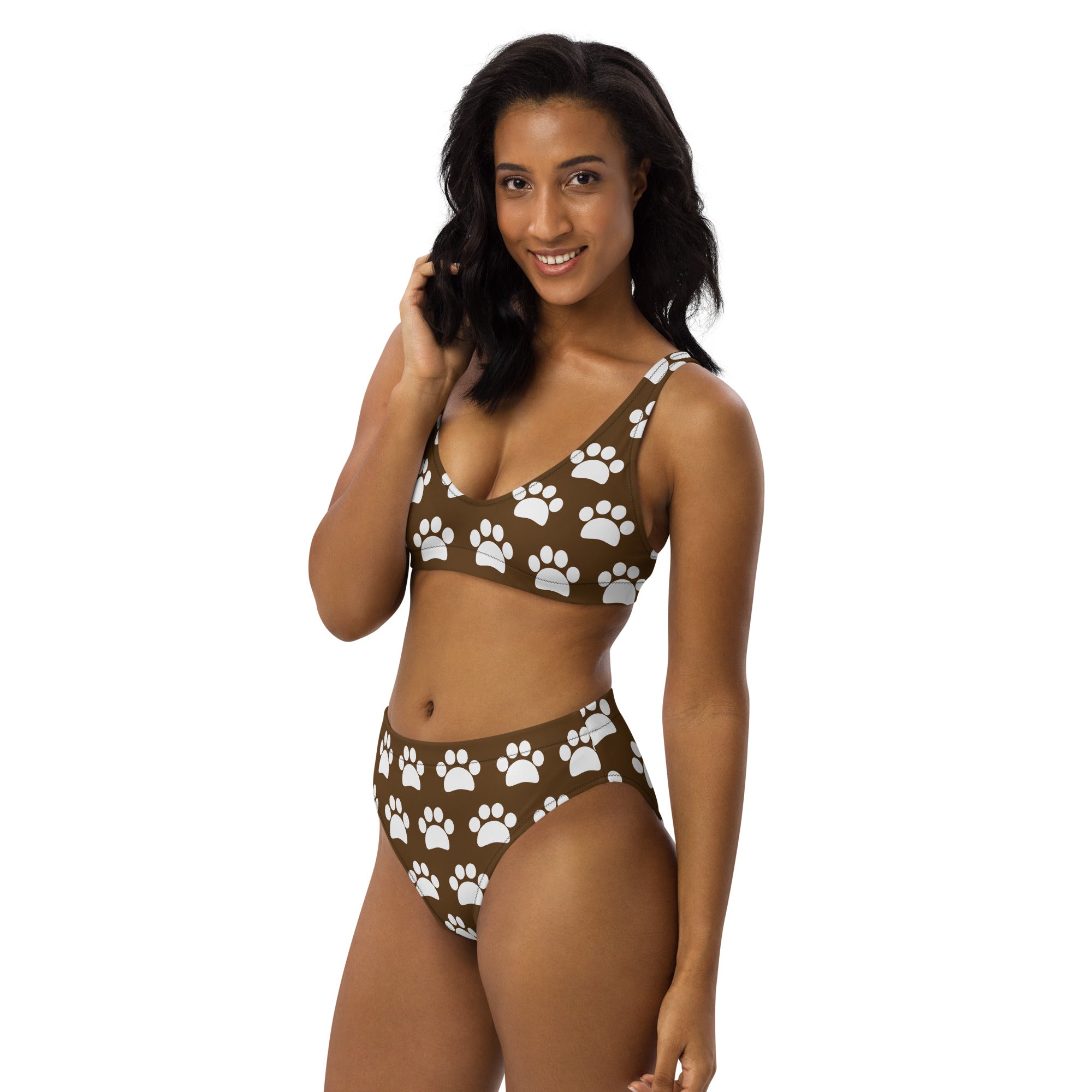 Women's Brown Paw Print Recycled Bikini - Removable Padding, Buttery Soft Quick-Drying UPF 50+ Fabric