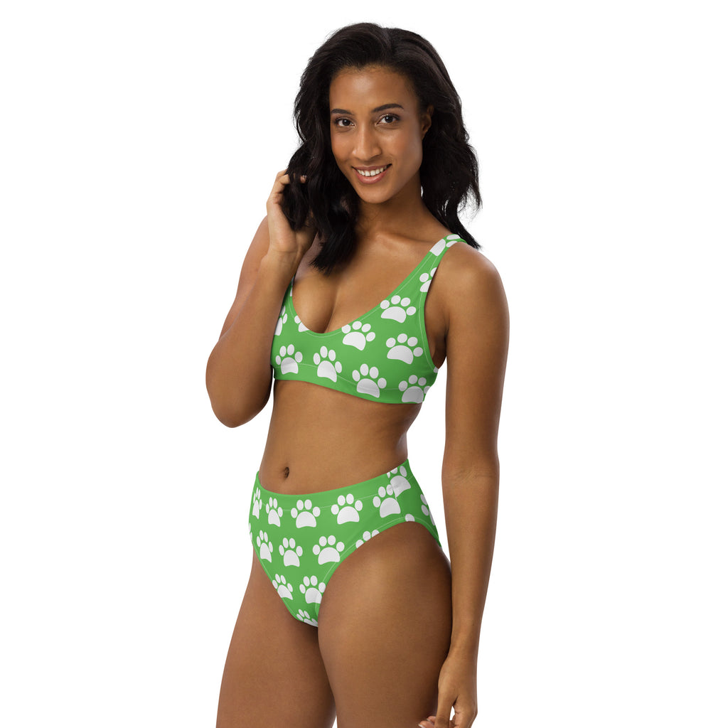 Women's Green Paw Print Recycled Bikini - Removable Padding, Buttery Soft Quick-Drying UPF 50+ Fabric