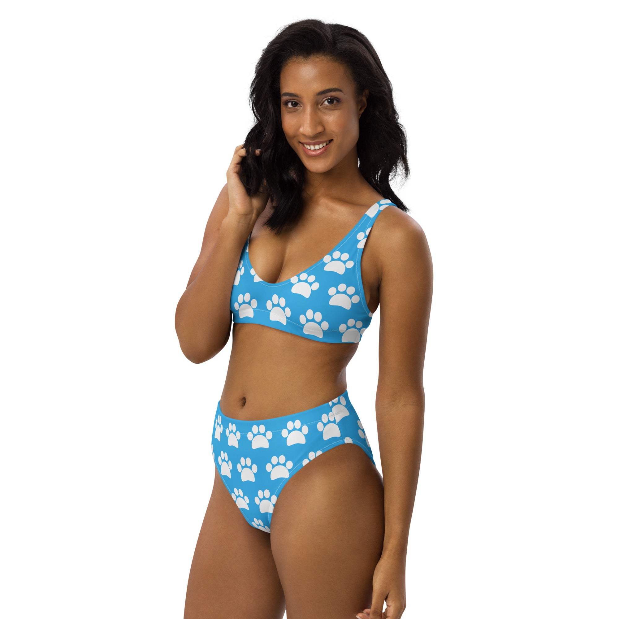 Women's Light Blue Paw Print Recycled Bikini - Removable Padding, Buttery Soft Quick-Drying UPF 50+ Fabric